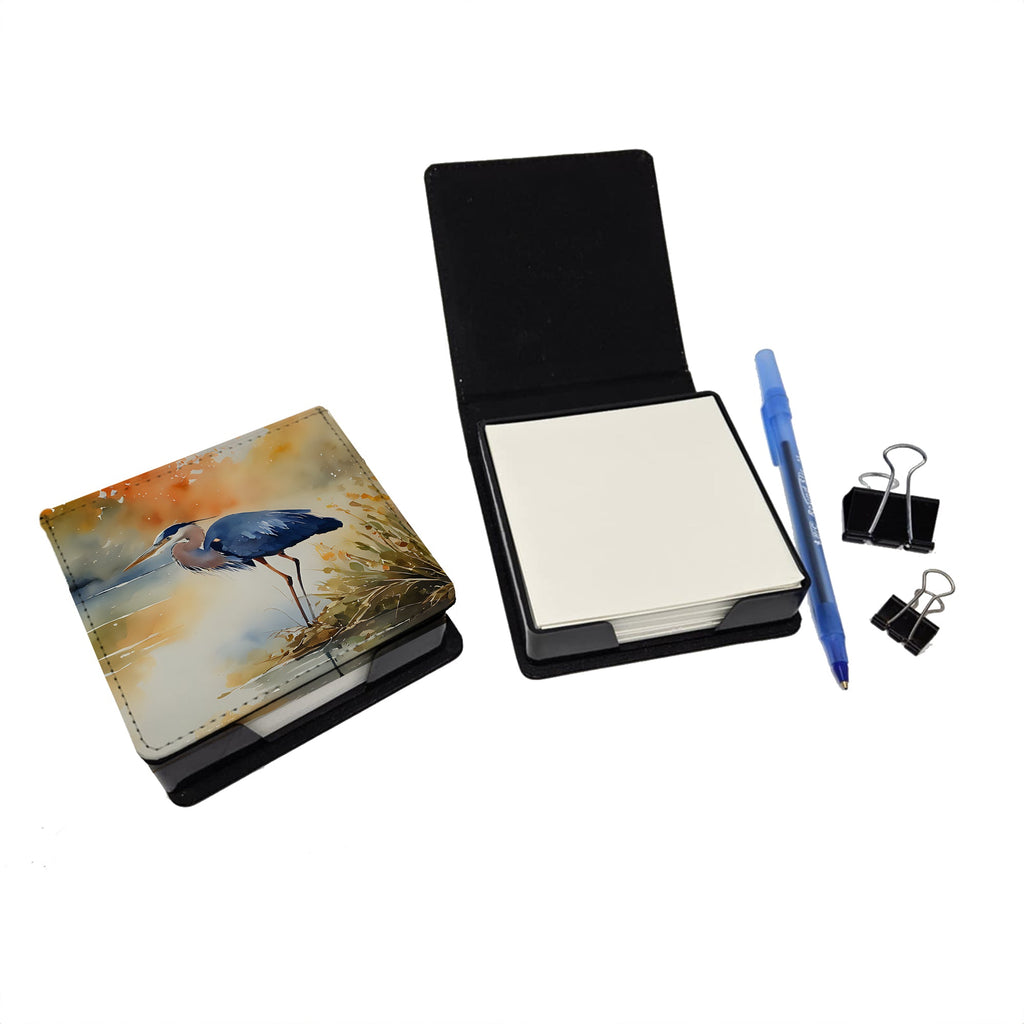 Blue Heron PU Leather Note Paper Holder with Artist-Designed Cover, Desk Accessory, Office Gift