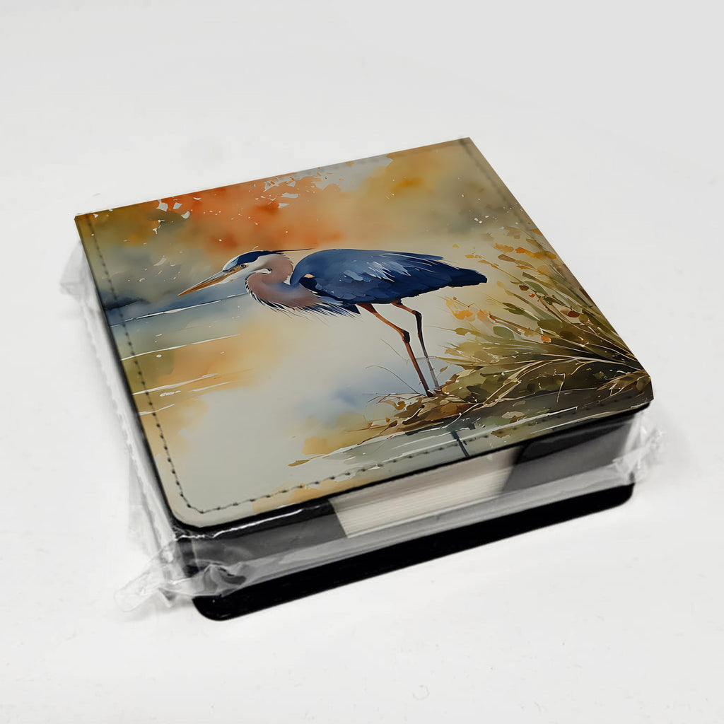 Blue Heron PU Leather Note Paper Holder with Artist-Designed Cover, Desk Accessory, Office Gift