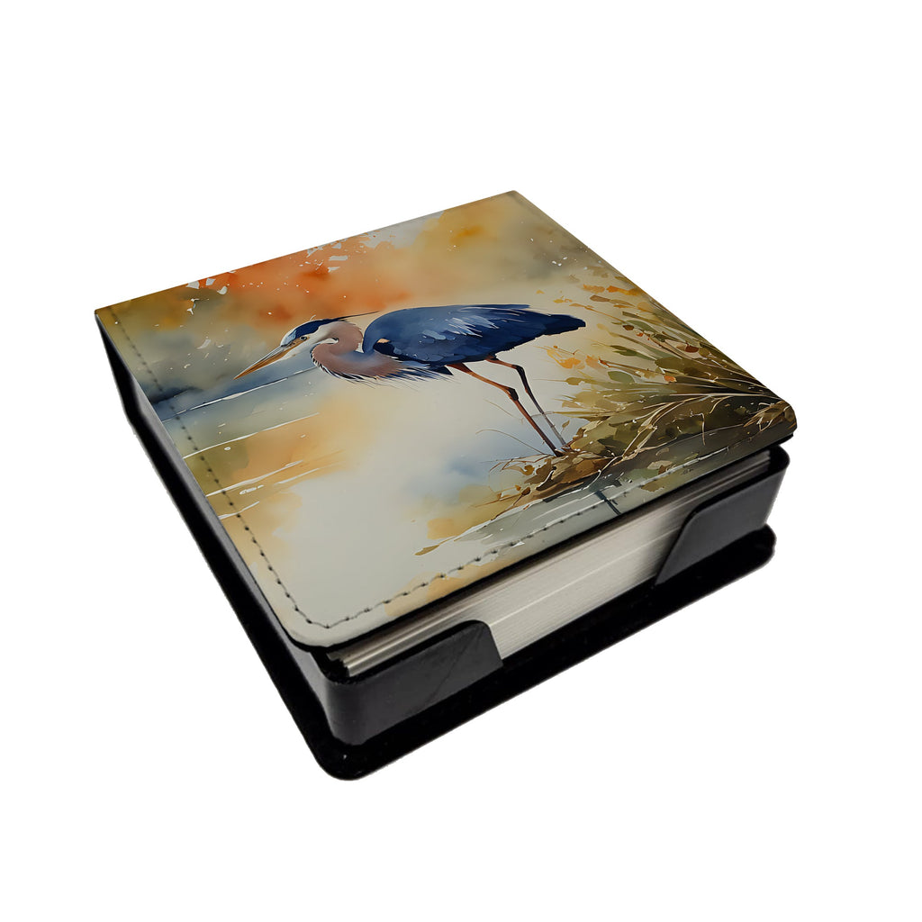 Blue Heron PU Leather Note Paper Holder with Artist-Designed Cover, Desk Accessory, Office Gift