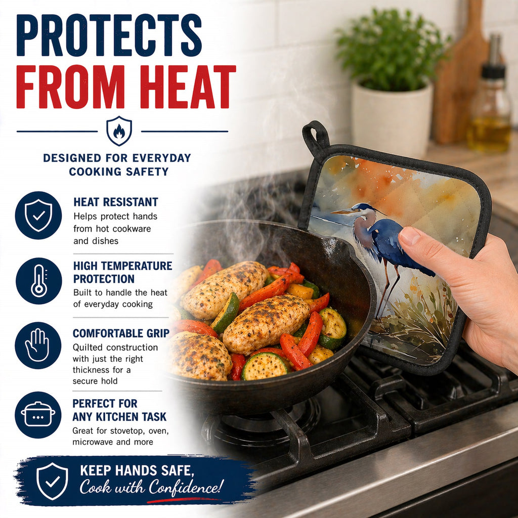 Blue Heron Pot Holder Set of 2 Heat Resistant Quilted Hot Pads 7.5 x 7.5 Inch, Insulated Kitchen Trivets for Cooking & Baking