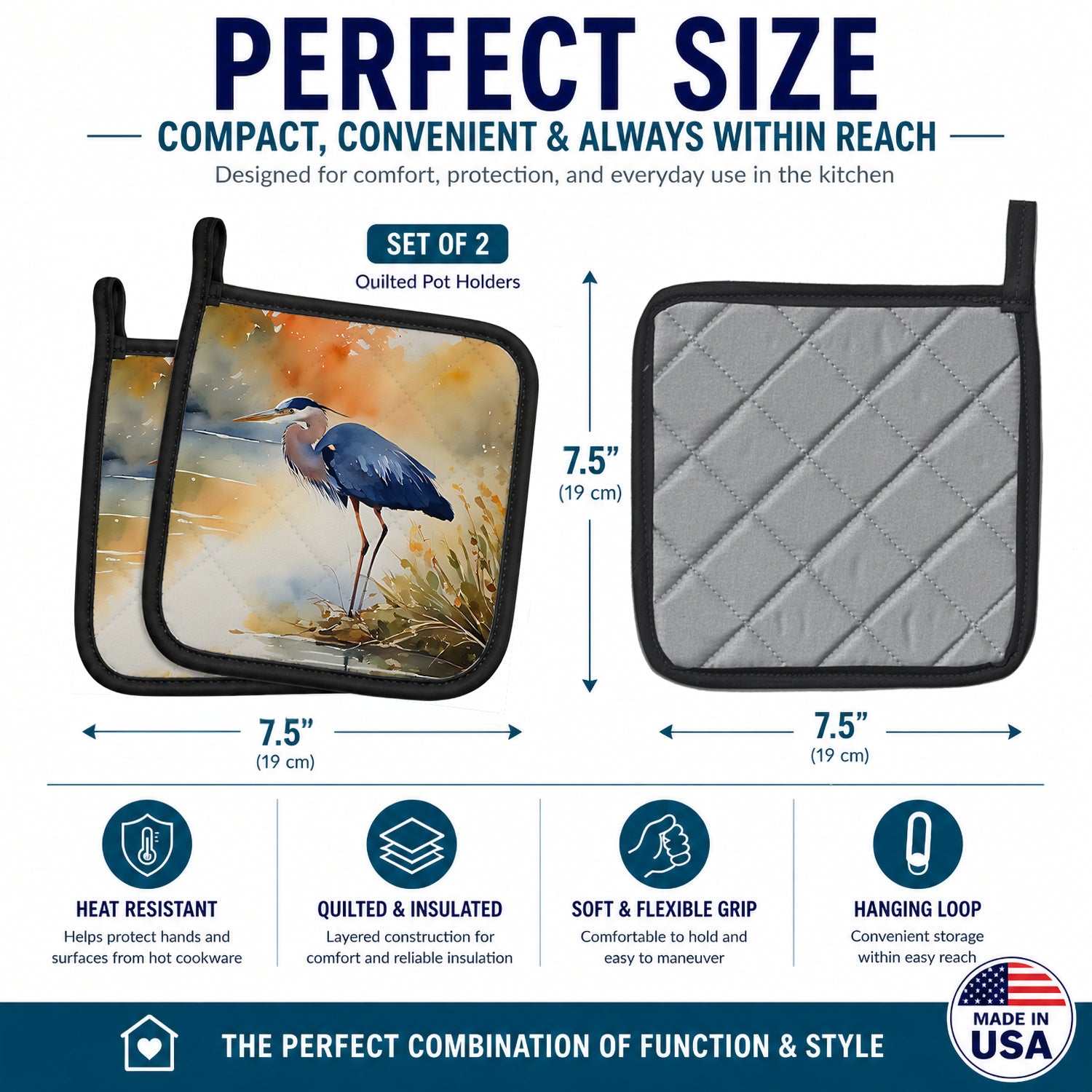 Blue Heron Pot Holder Set of 2 Heat Resistant Quilted Hot Pads 7.5 x 7.5 Inch, Insulated Kitchen Trivets for Cooking & Baking