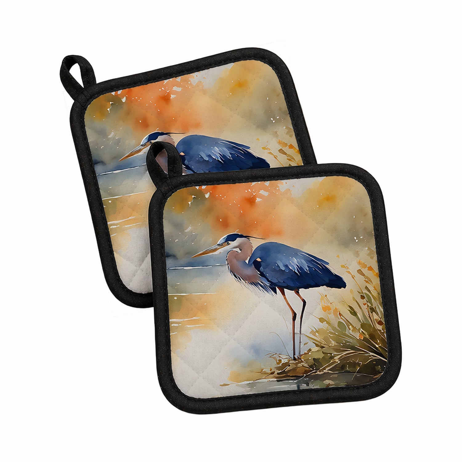 Blue Heron Pot Holder Set of 2 Heat Resistant Quilted Hot Pads 7.5 x 7.5 Inch, Insulated Kitchen Trivets for Cooking & Baking