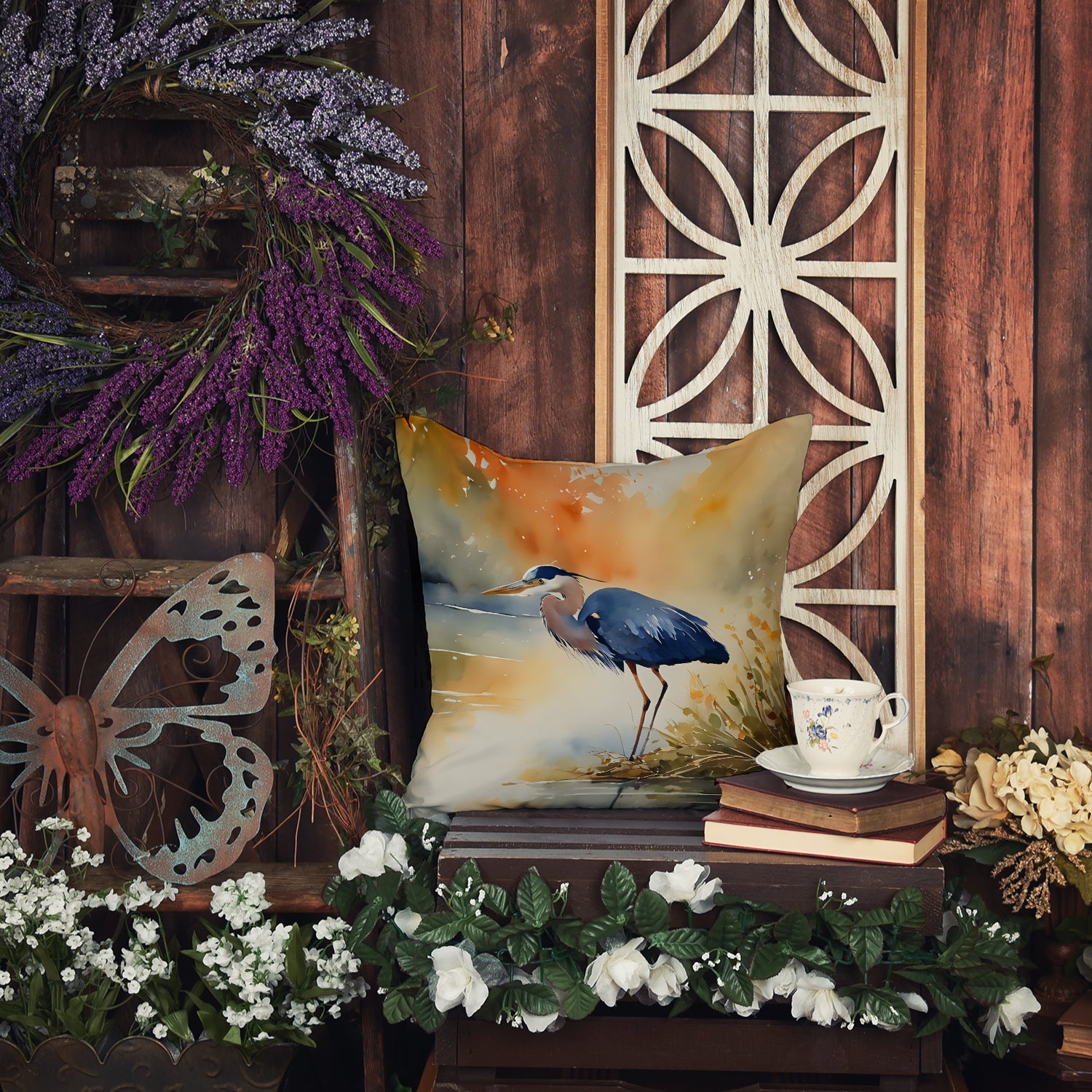 Blue Heron Decorative Throw Pillow 18x18 Indoor Outdoor Accent Cushion, Fabric Cover with Insert for Sofa, Bed, Porch & Living Room
