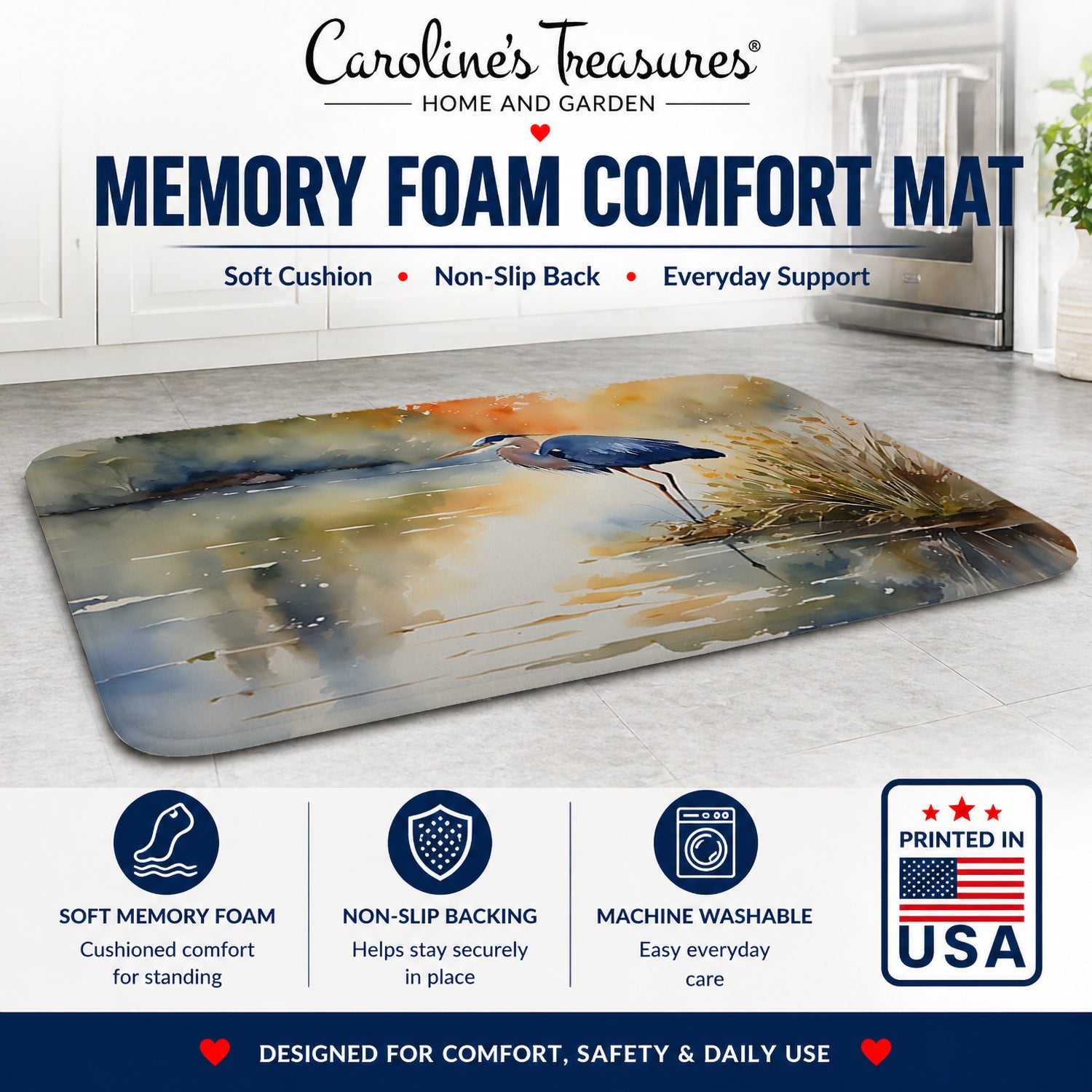 Blue Heron Memory Foam Kitchen Mat Machine Washable Anti-Fatigue Cushion Comfort Bath or Kitchen Rug