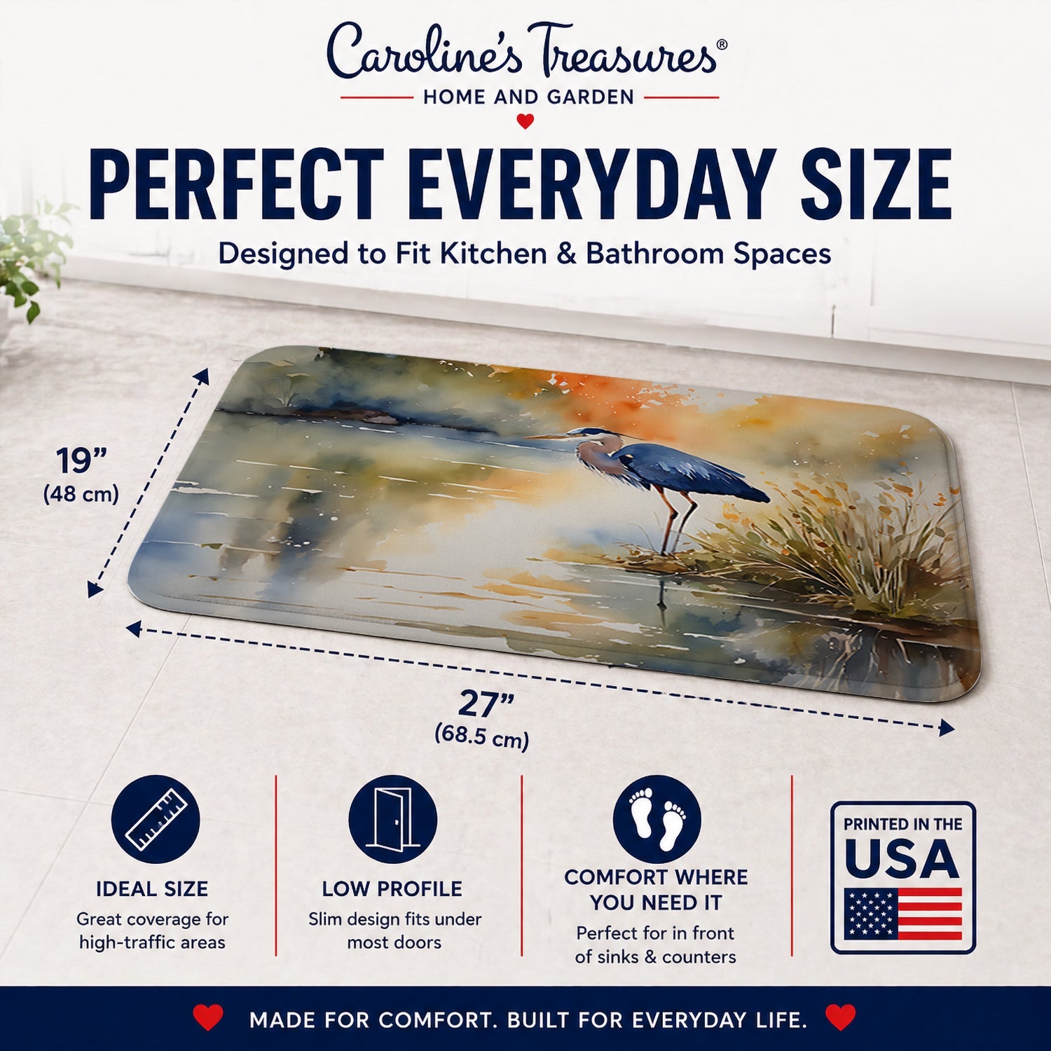 Blue Heron Memory Foam Kitchen Mat Machine Washable Anti-Fatigue Cushion Comfort Bath or Kitchen Rug