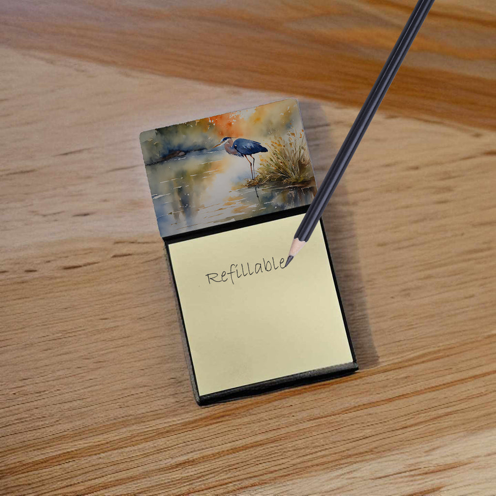 Blue Heron Watercolor Sticky Note Holder Refillable Dispenser Desk Accessory 3x3 Pad Gift