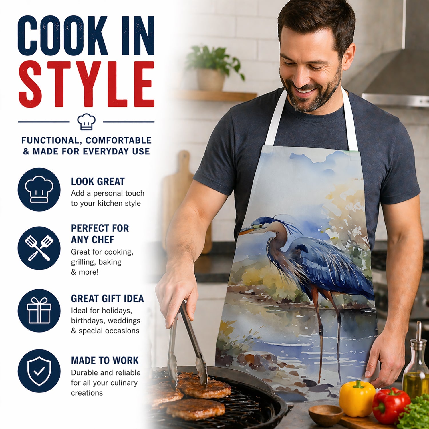 Blue Heron Apron Cooking Kitchen Server Baking Crafts Gardening for Adult Women Men, Unisex, Large, Multicolor