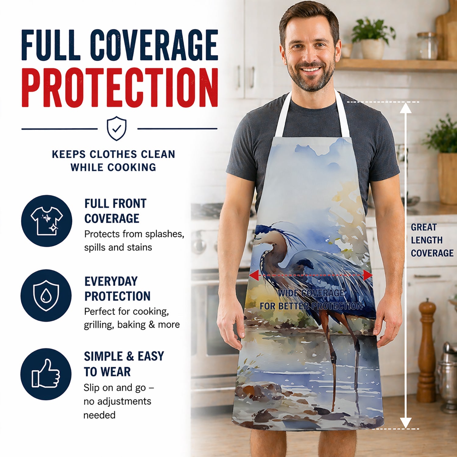 Blue Heron Apron Cooking Kitchen Server Baking Crafts Gardening for Adult Women Men, Unisex, Large, Multicolor