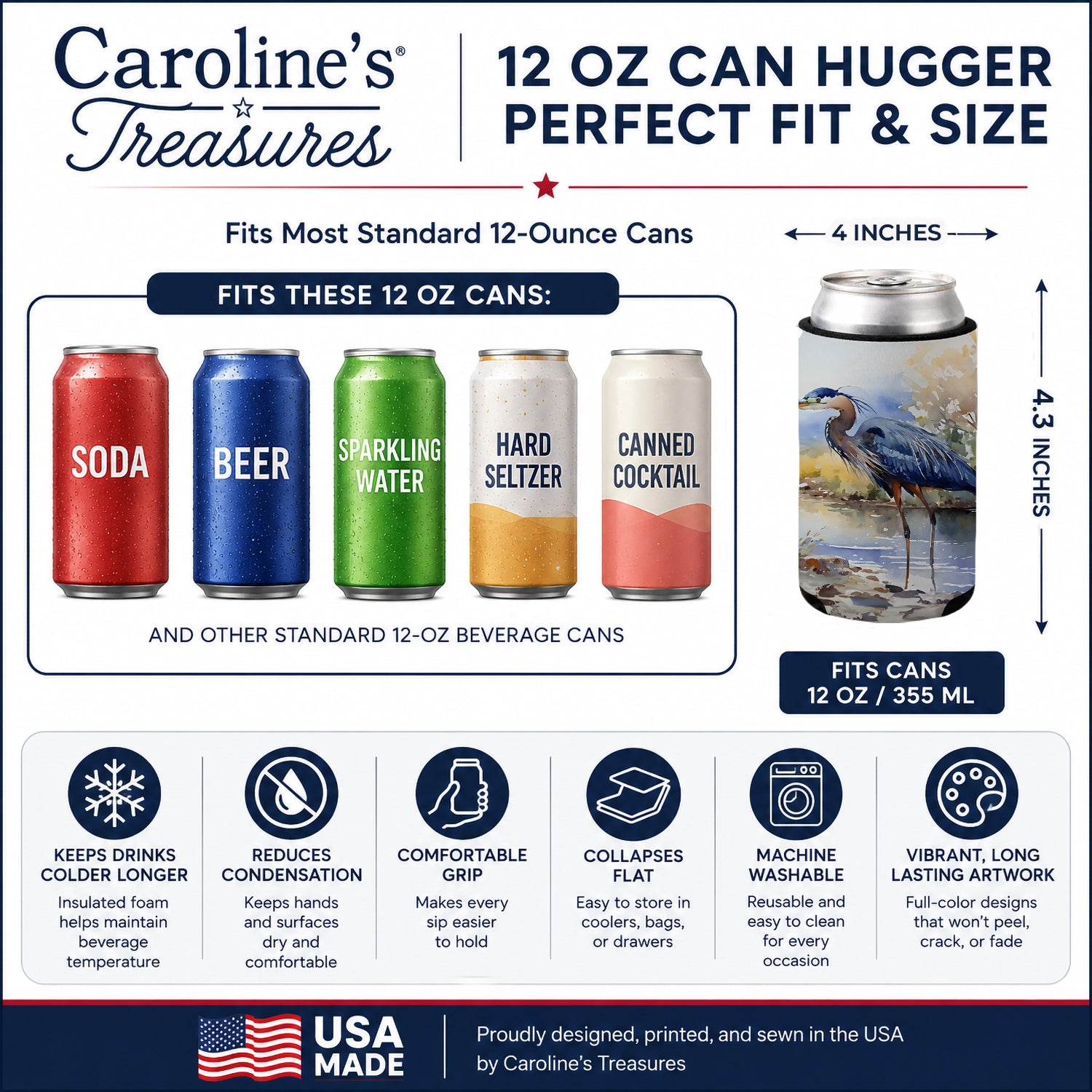Blue Heron Can or Bottle Hugger Cooler Sleeve for Standard 12 oz Cans, Insulated Foam Beer & Soda Can Hugger Reusable