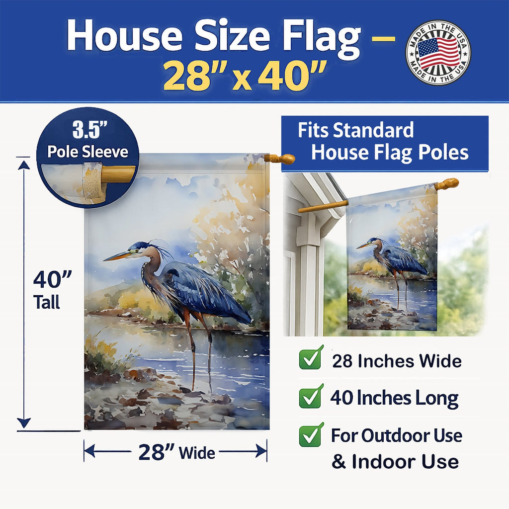 Blue Heron House Flag 28x40 Porch Sleeve Pole Decorative Outside Yard Banner Artwork Wall Hanging, Polyester