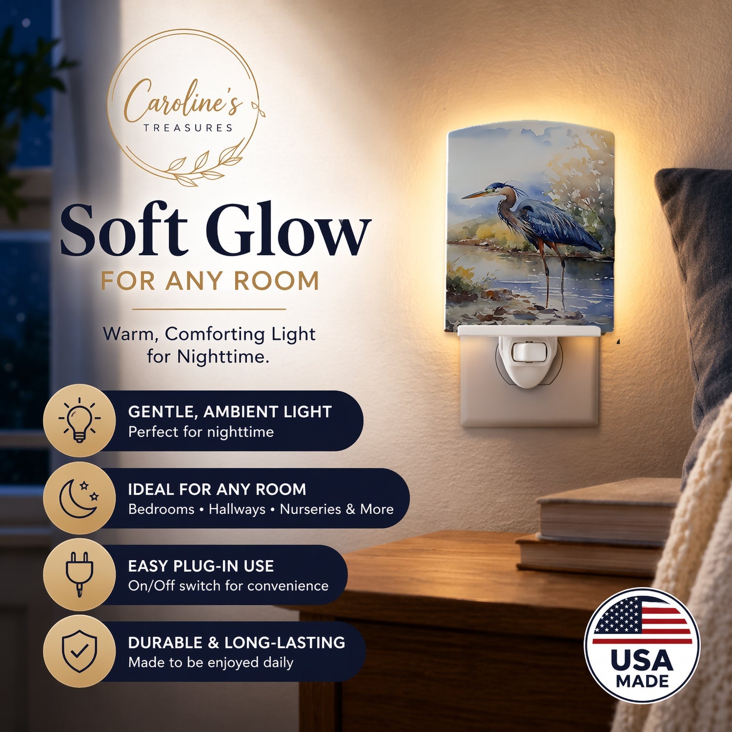 Blue Heron Ceramic Night Light Compact, UL-Certified, Ideal for Bedroom, Bathroom, Nursery, Hallway, Kitchen, 6x4x3, Multicolor