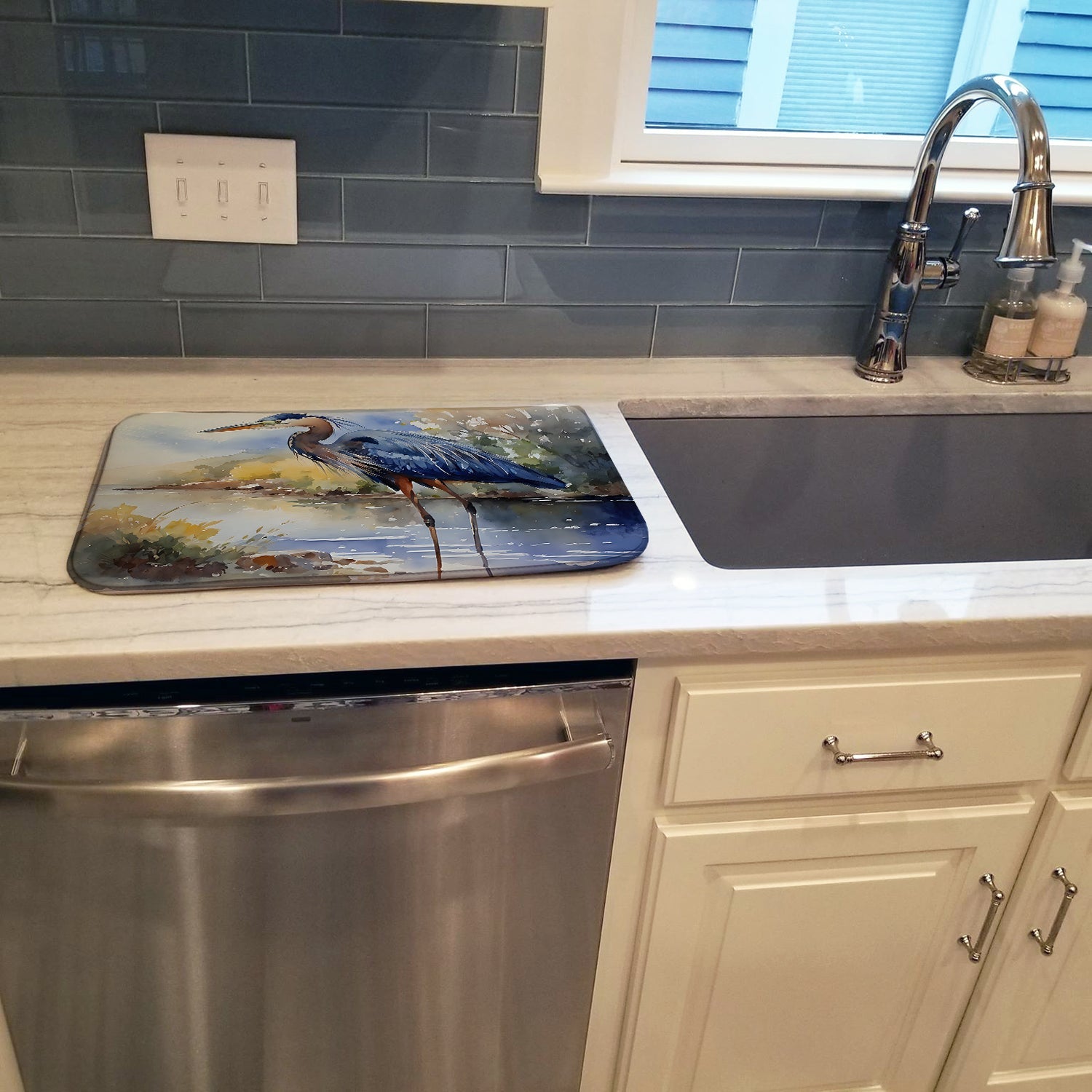 Blue Heron Dish Drying Mat Absorbent Dish Drying Mat Pad for Kitchen Counter Dish Drainer Mat for Countertop, 14 x 21", Multicolor