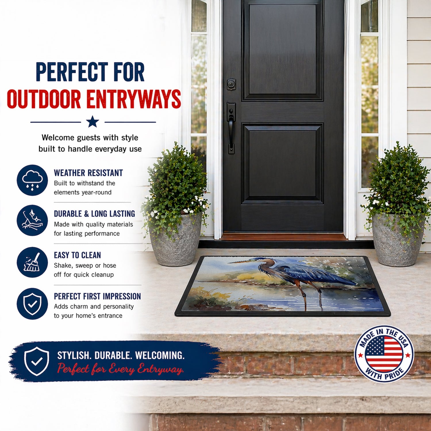 Blue Heron Doormat Indoor Outdoor 24H X 36W Front Door Mat Rugs for Entryway, Non Slip Washable Low Pile,