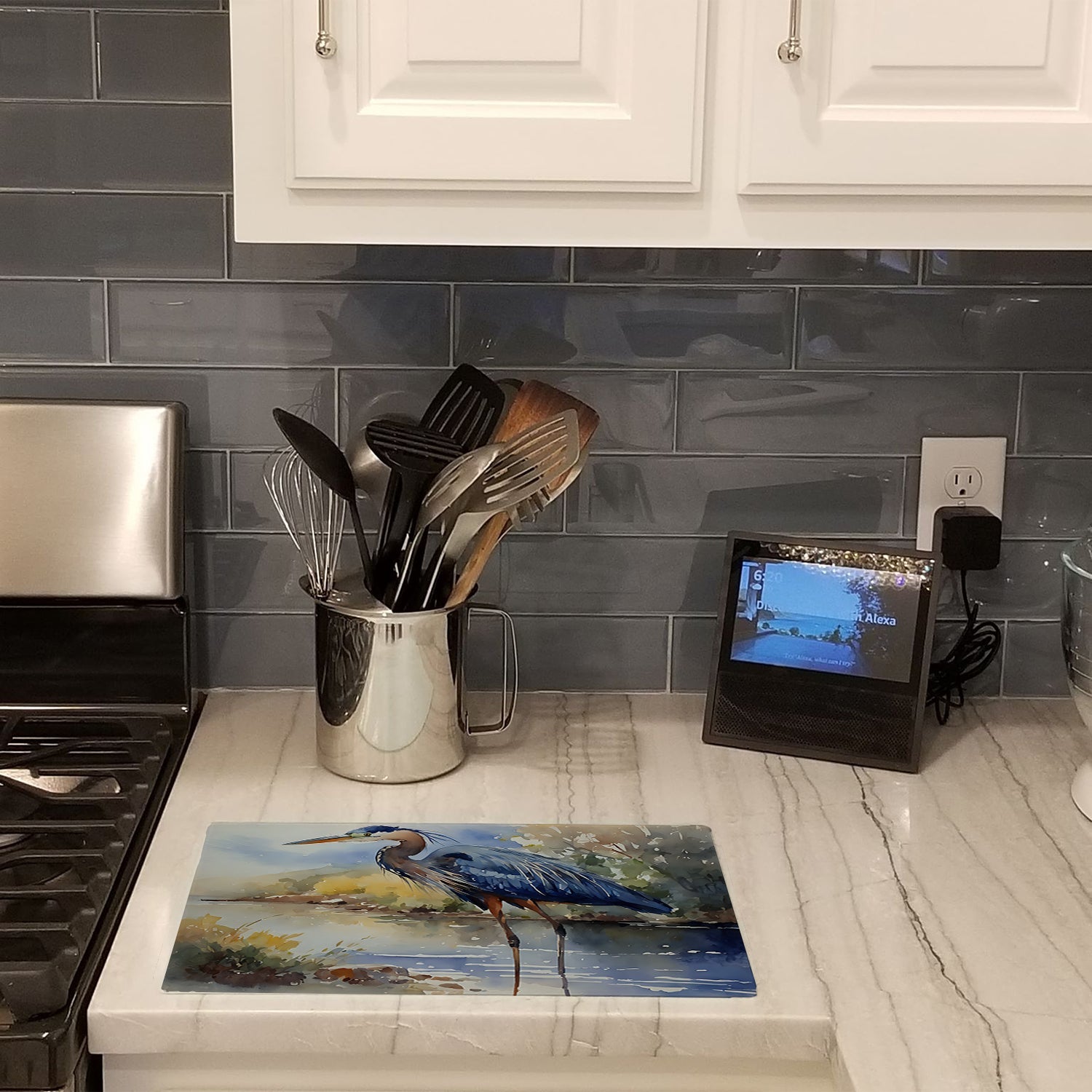 Blue Heron Cutting Board Tempered Glass Kitchen Cutting Surface, Heat Resistant Chopping, Non-Slip Feet, Food Prep & Serving