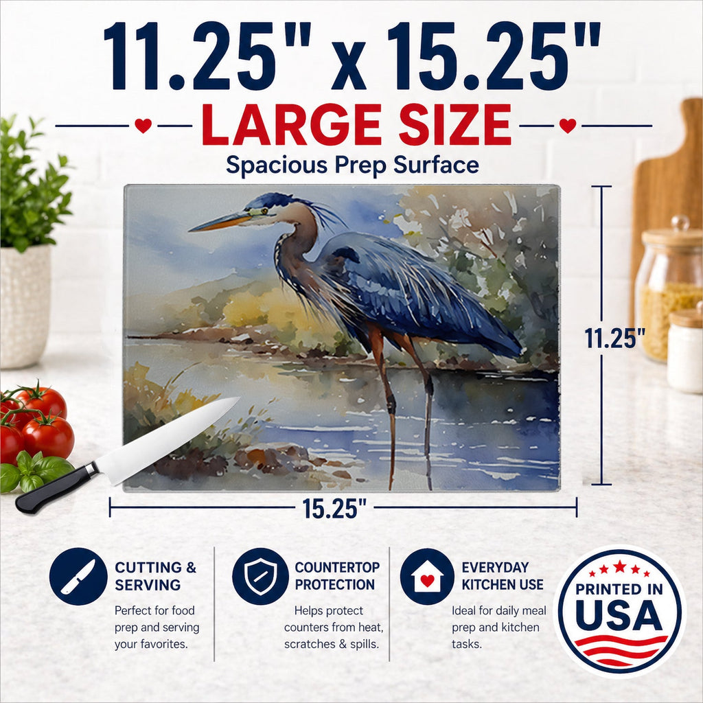 Blue Heron Cutting Board Tempered Glass Kitchen Cutting Surface, Heat Resistant Chopping, Non-Slip Feet, Food Prep & Serving