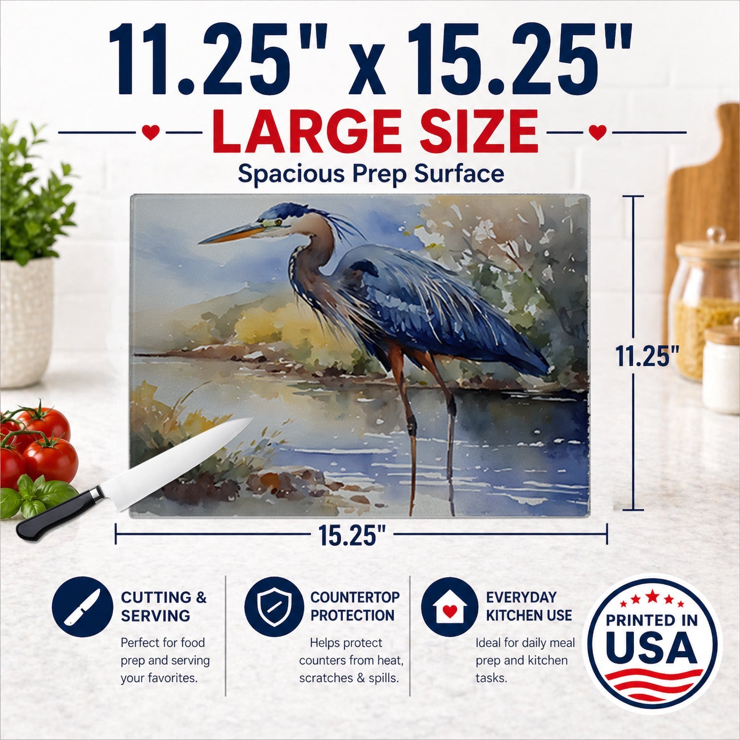 Blue Heron Cutting Board Tempered Glass Kitchen Cutting Surface, Heat Resistant Chopping, Non-Slip Feet, Food Prep & Serving