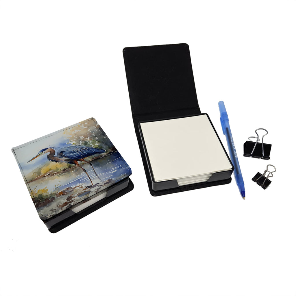 Blue Heron PU Leather Note Paper Holder with Artist-Designed Cover, Desk Accessory, Office Gift