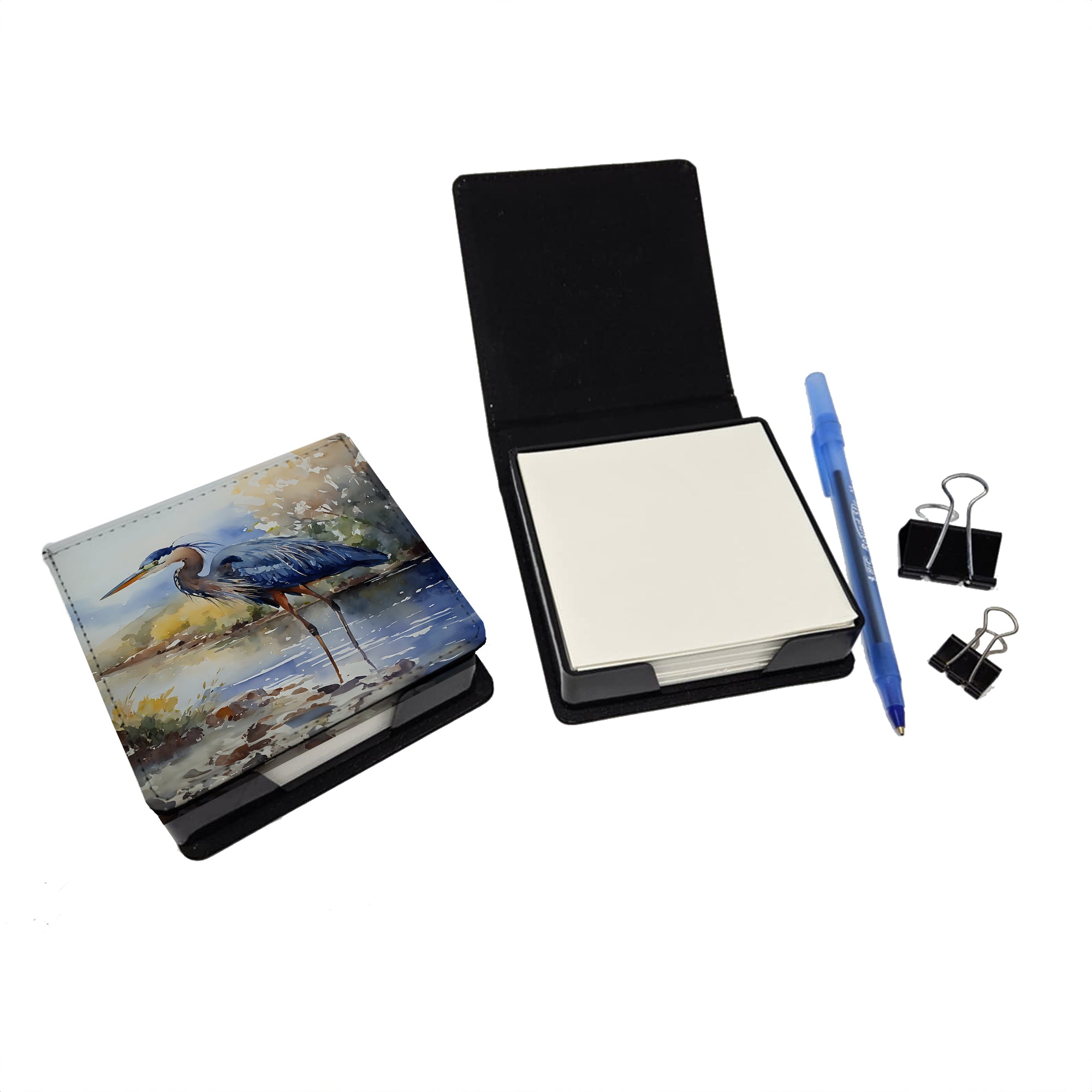 Blue Heron PU Leather Note Paper Holder with Artist-Designed Cover, Desk Accessory, Office Gift