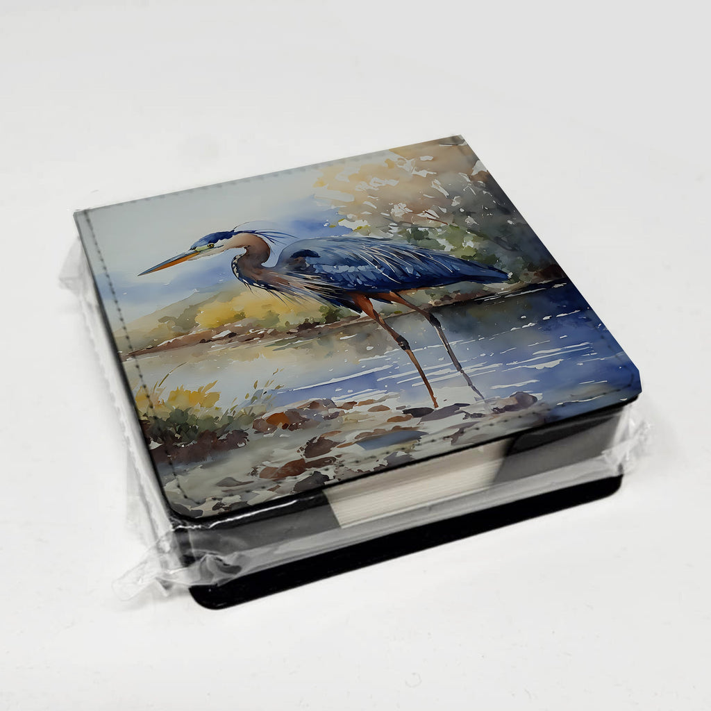 Blue Heron PU Leather Note Paper Holder with Artist-Designed Cover, Desk Accessory, Office Gift