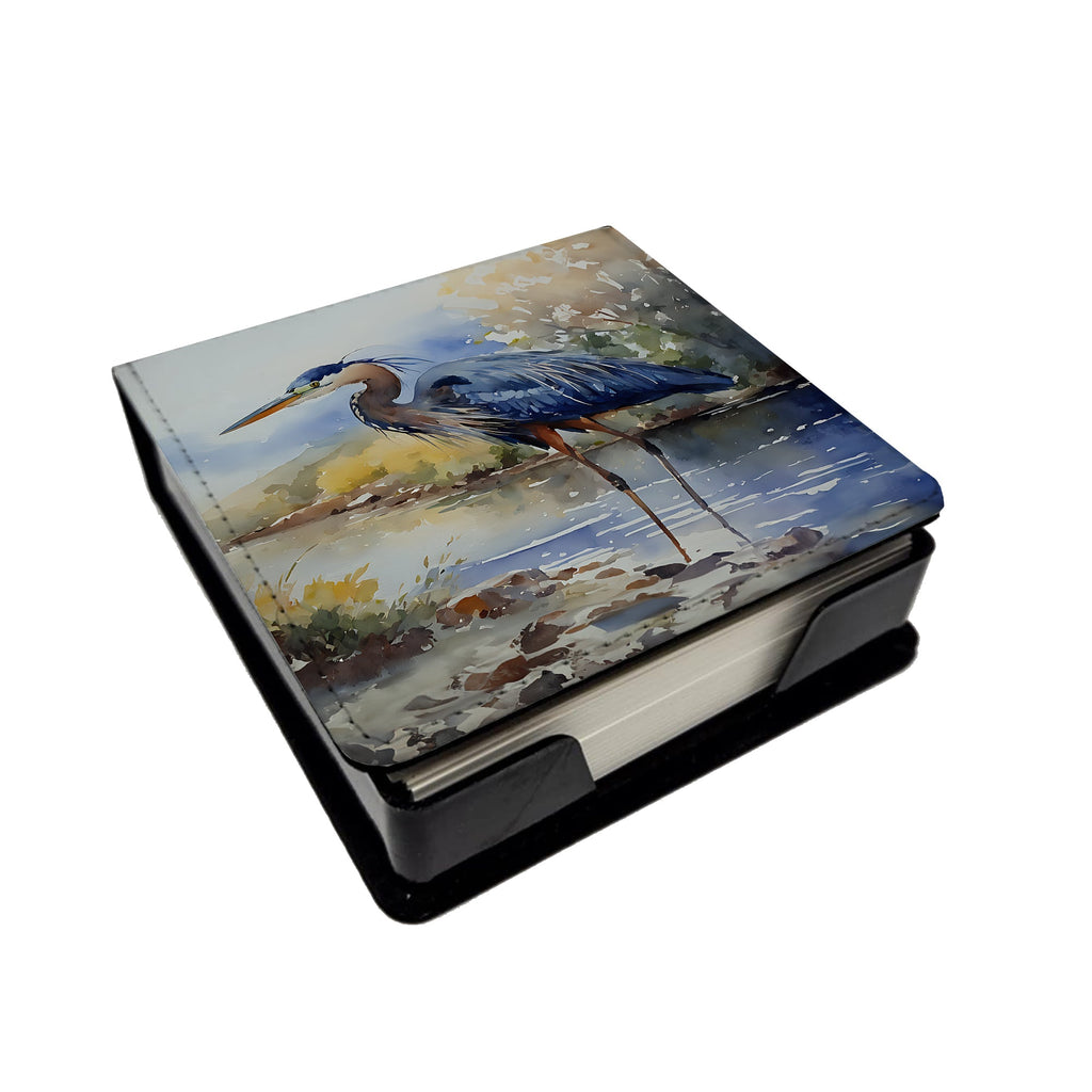 Blue Heron PU Leather Note Paper Holder with Artist-Designed Cover, Desk Accessory, Office Gift