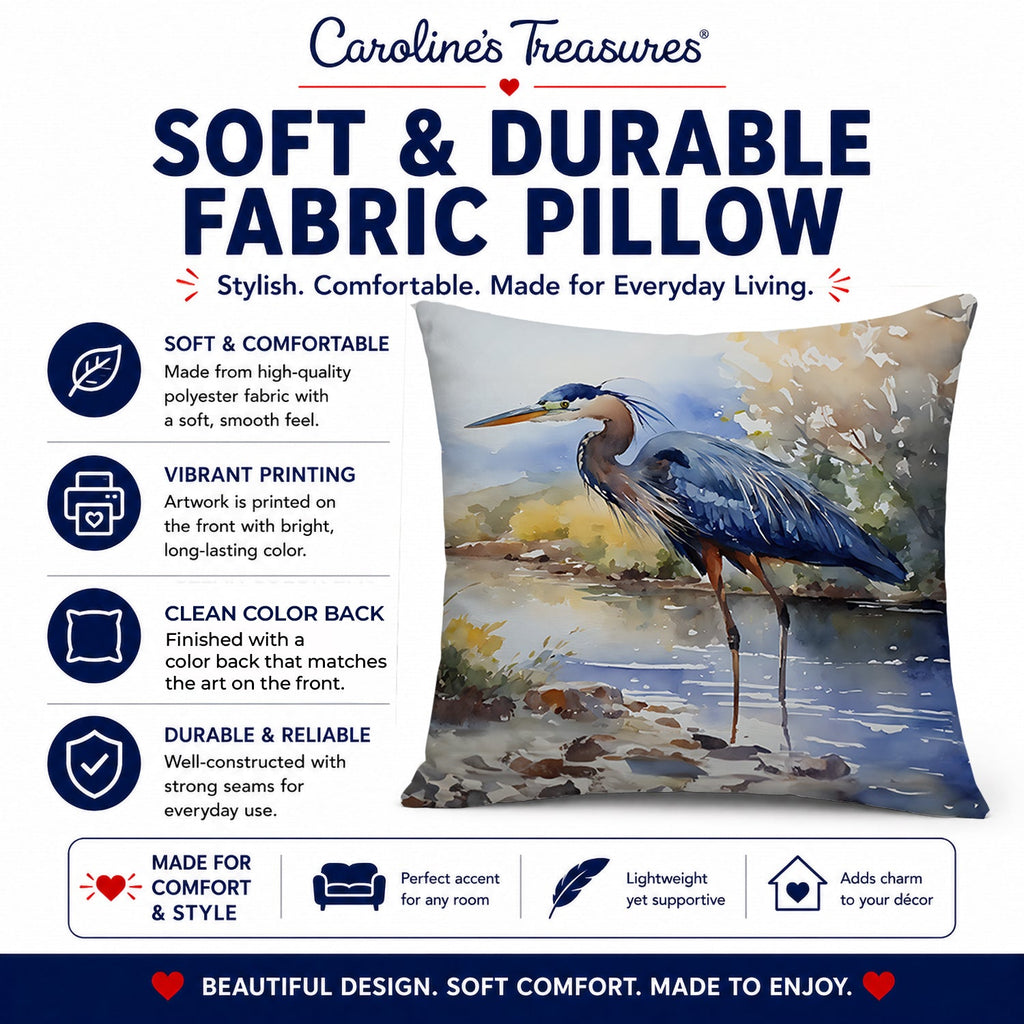 Blue Heron Decorative Throw Pillow 14x14 Indoor Outdoor Accent Cushion, Fabric Cover with Insert for Sofa, Bed, Porch & Living Room