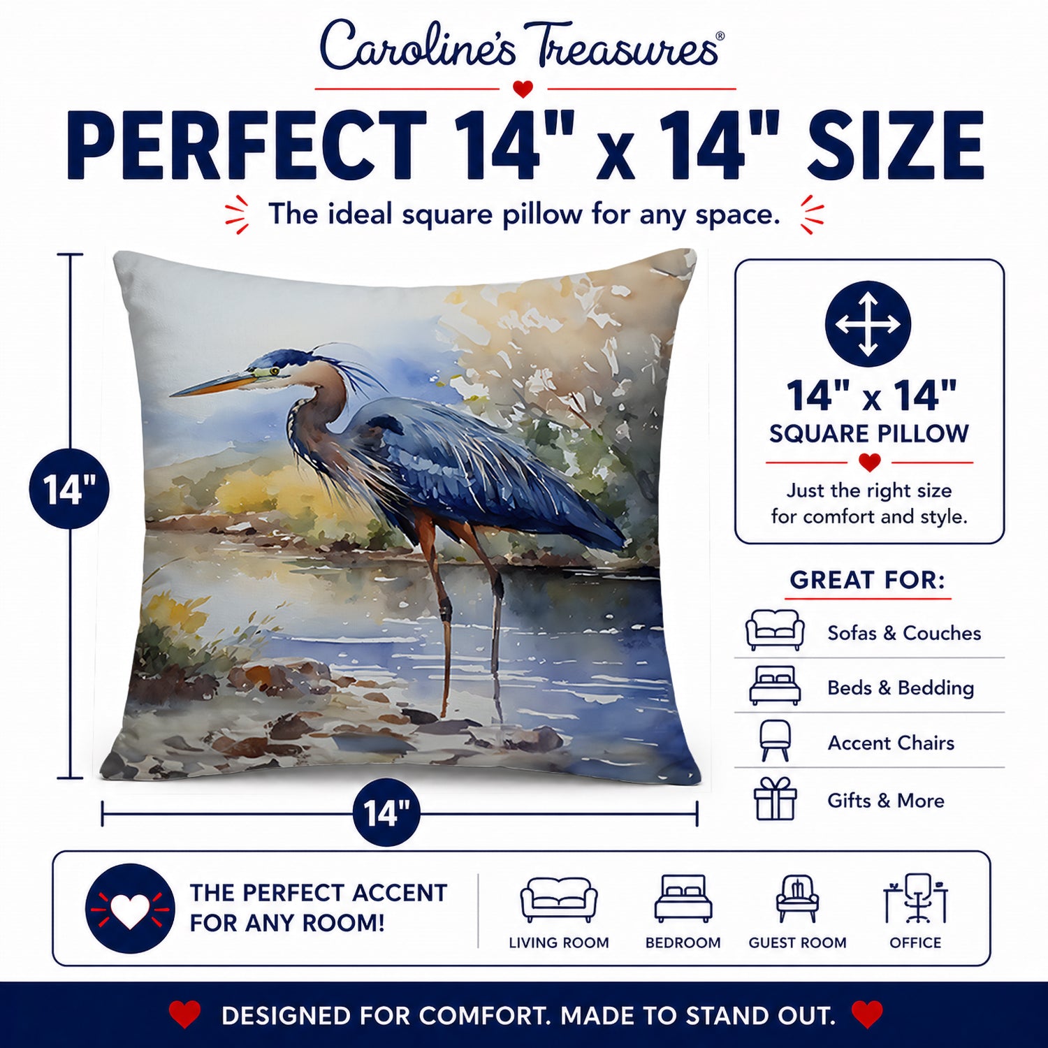 Blue Heron Decorative Throw Pillow 14x14 Indoor Outdoor Accent Cushion, Fabric Cover with Insert for Sofa, Bed, Porch & Living Room