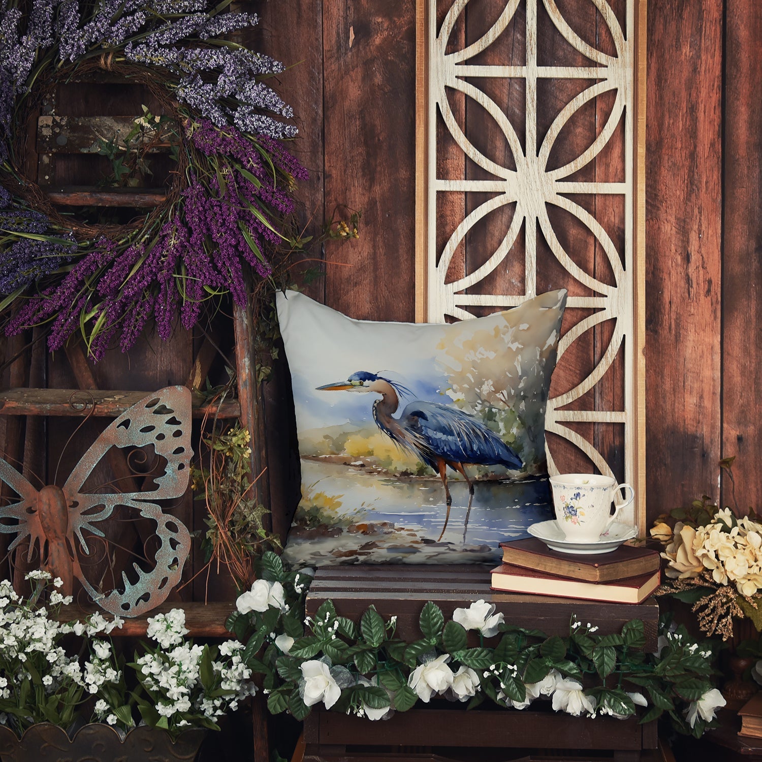 Blue Heron Decorative Throw Pillow 18x18 Indoor Outdoor Accent Cushion, Fabric Cover with Insert for Sofa, Bed, Porch & Living Room