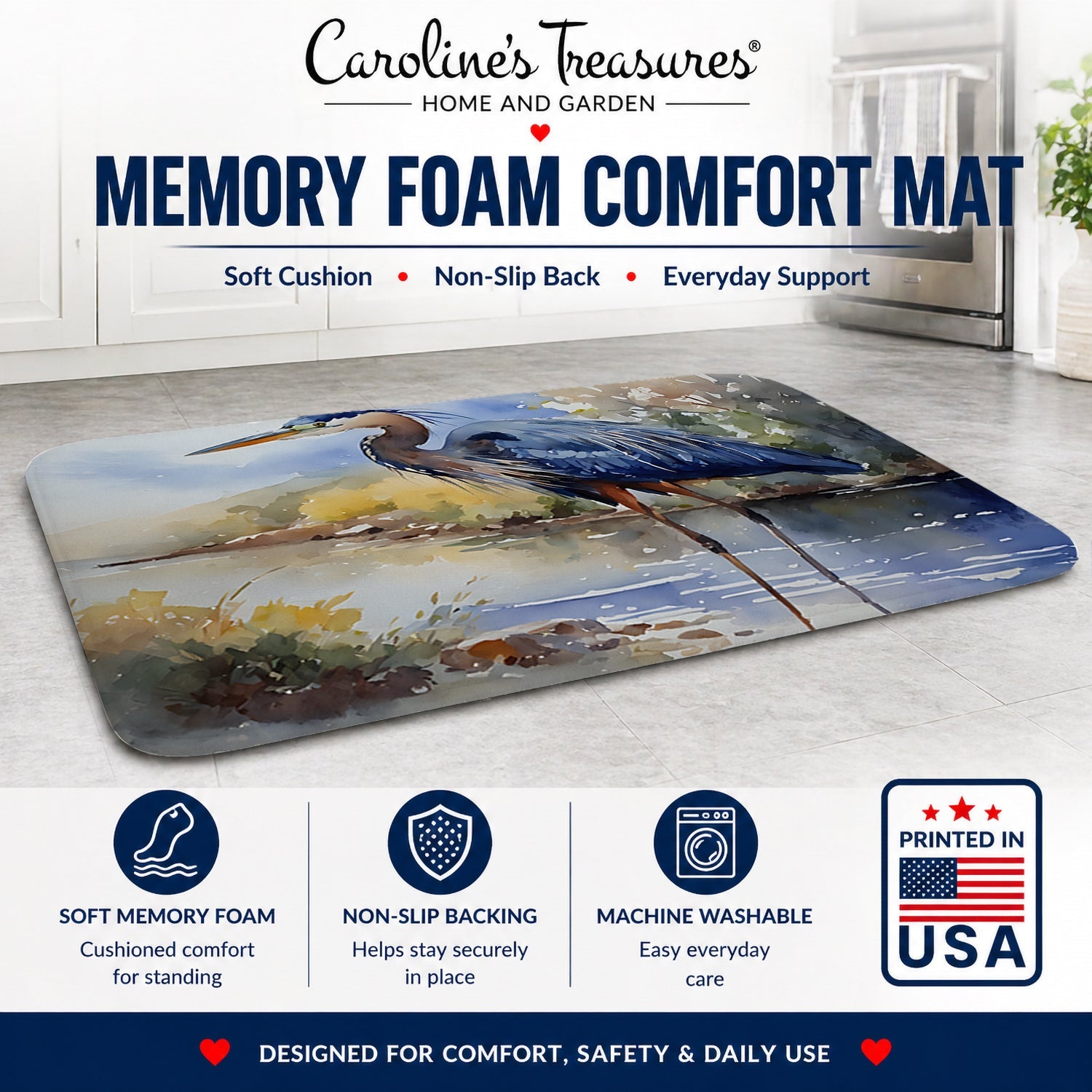 Blue Heron Memory Foam Kitchen Mat Machine Washable Anti-Fatigue Cushion Comfort Bath or Kitchen Rug