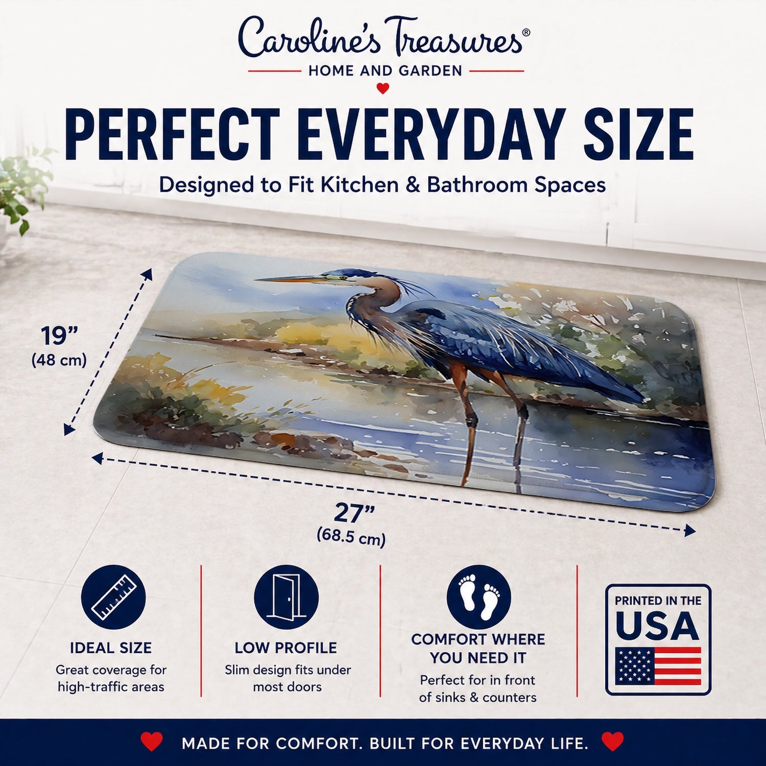 Blue Heron Memory Foam Kitchen Mat Machine Washable Anti-Fatigue Cushion Comfort Bath or Kitchen Rug