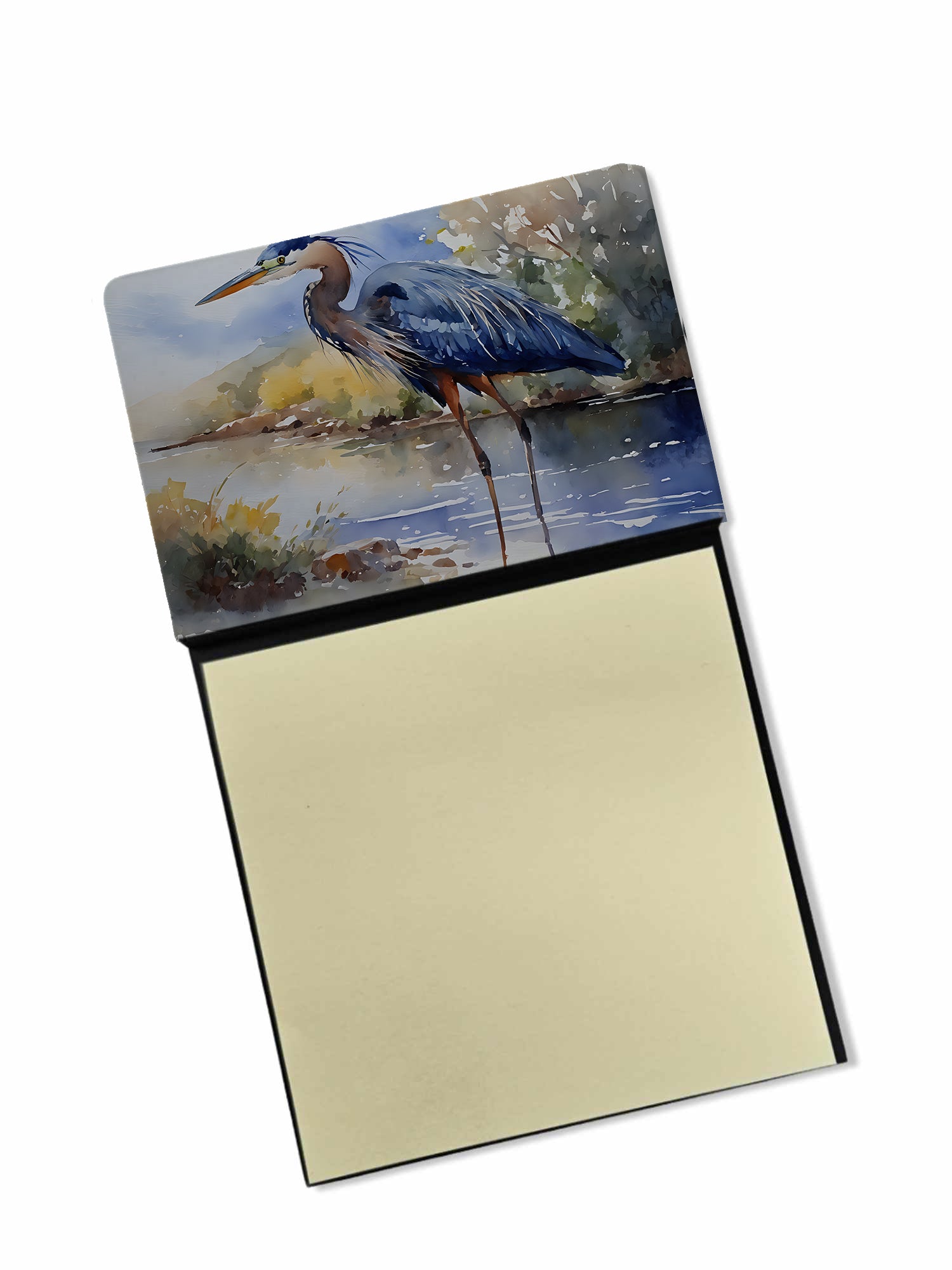 Blue Heron Watercolor Sticky Note Holder Refillable Dispenser Desk Accessory 3x3 Pad Gift