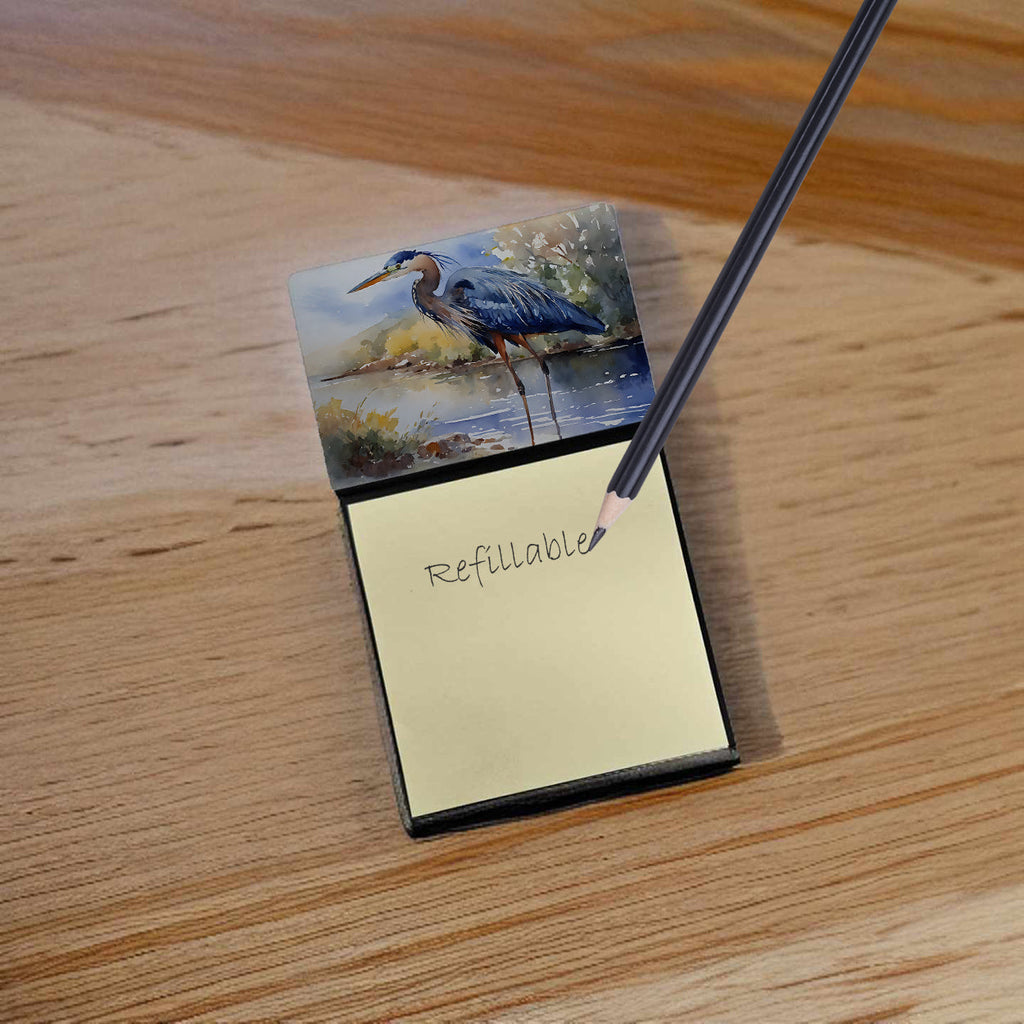 Blue Heron Watercolor Sticky Note Holder Refillable Dispenser Desk Accessory 3x3 Pad Gift