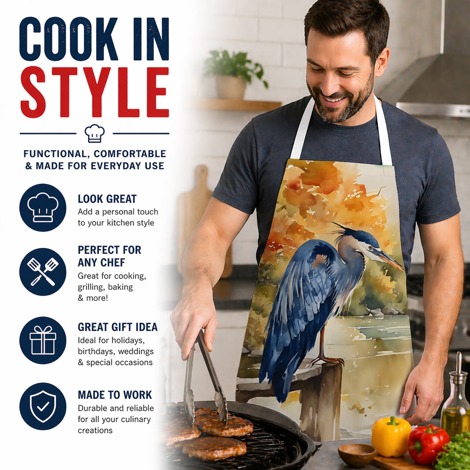 Blue Heron Apron Cooking Kitchen Server Baking Crafts Gardening for Adult Women Men, Unisex, Large, Multicolor