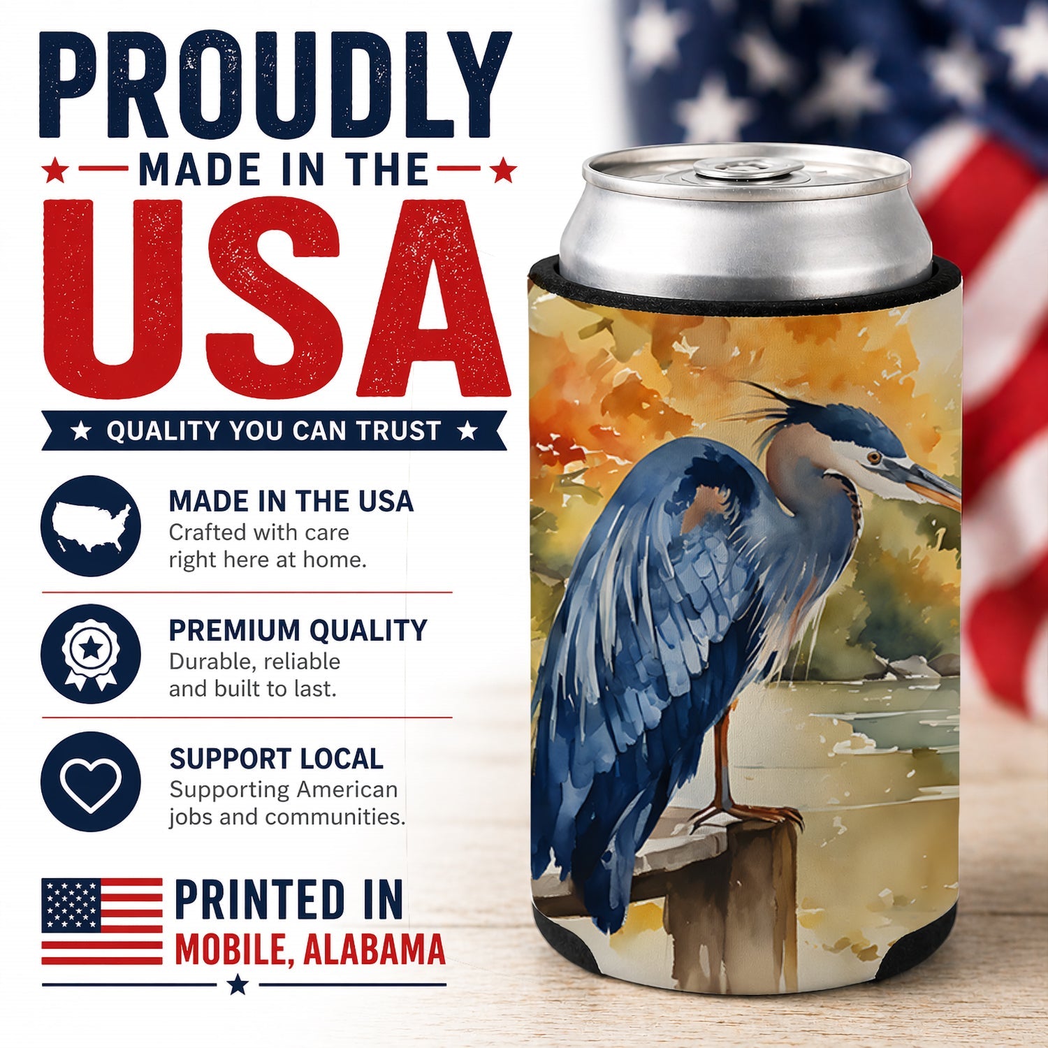 Blue Heron Can or Bottle Hugger Cooler Sleeve for Standard 12 oz Cans, Insulated Foam Beer & Soda Can Hugger Reusable