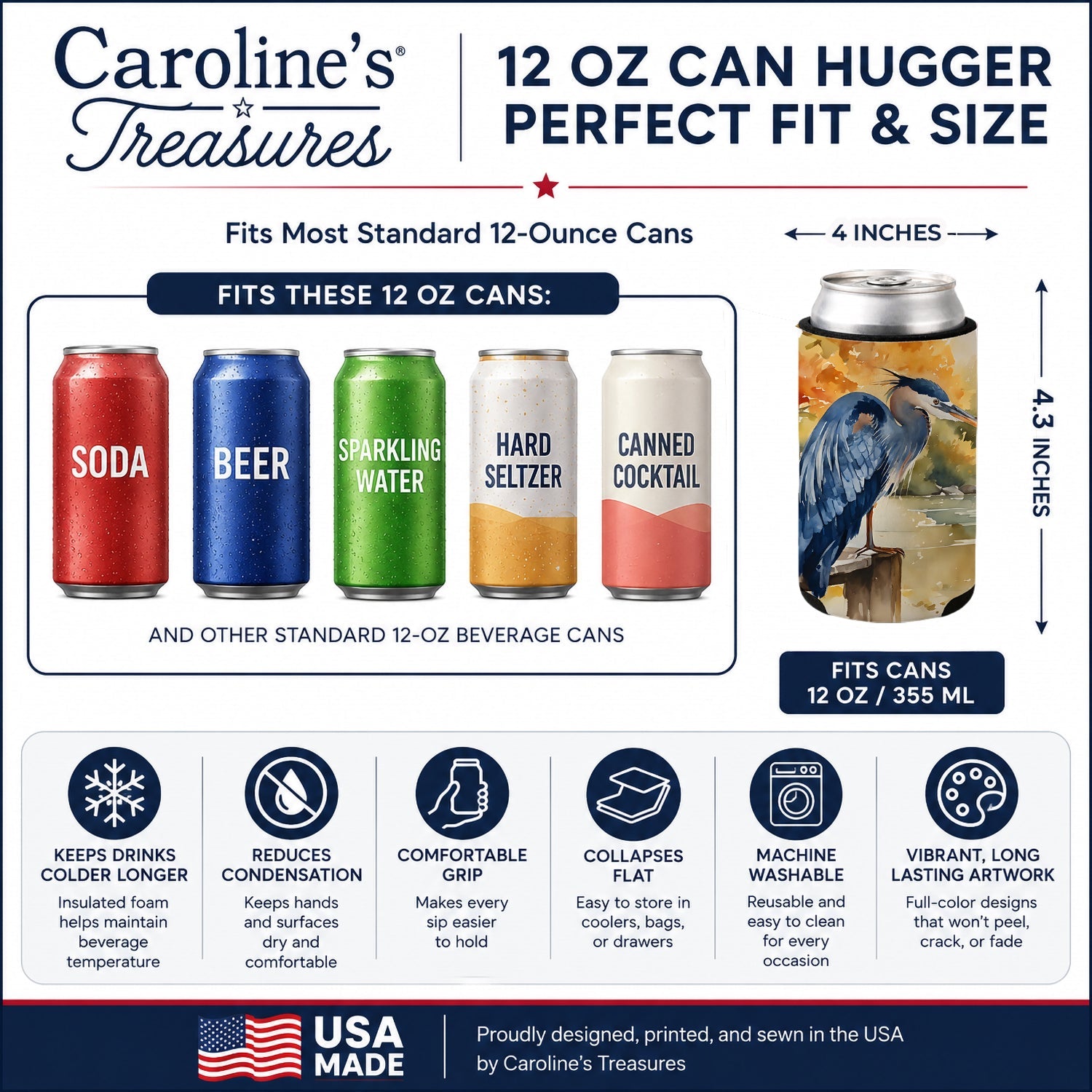 Blue Heron Can or Bottle Hugger Cooler Sleeve for Standard 12 oz Cans, Insulated Foam Beer & Soda Can Hugger Reusable