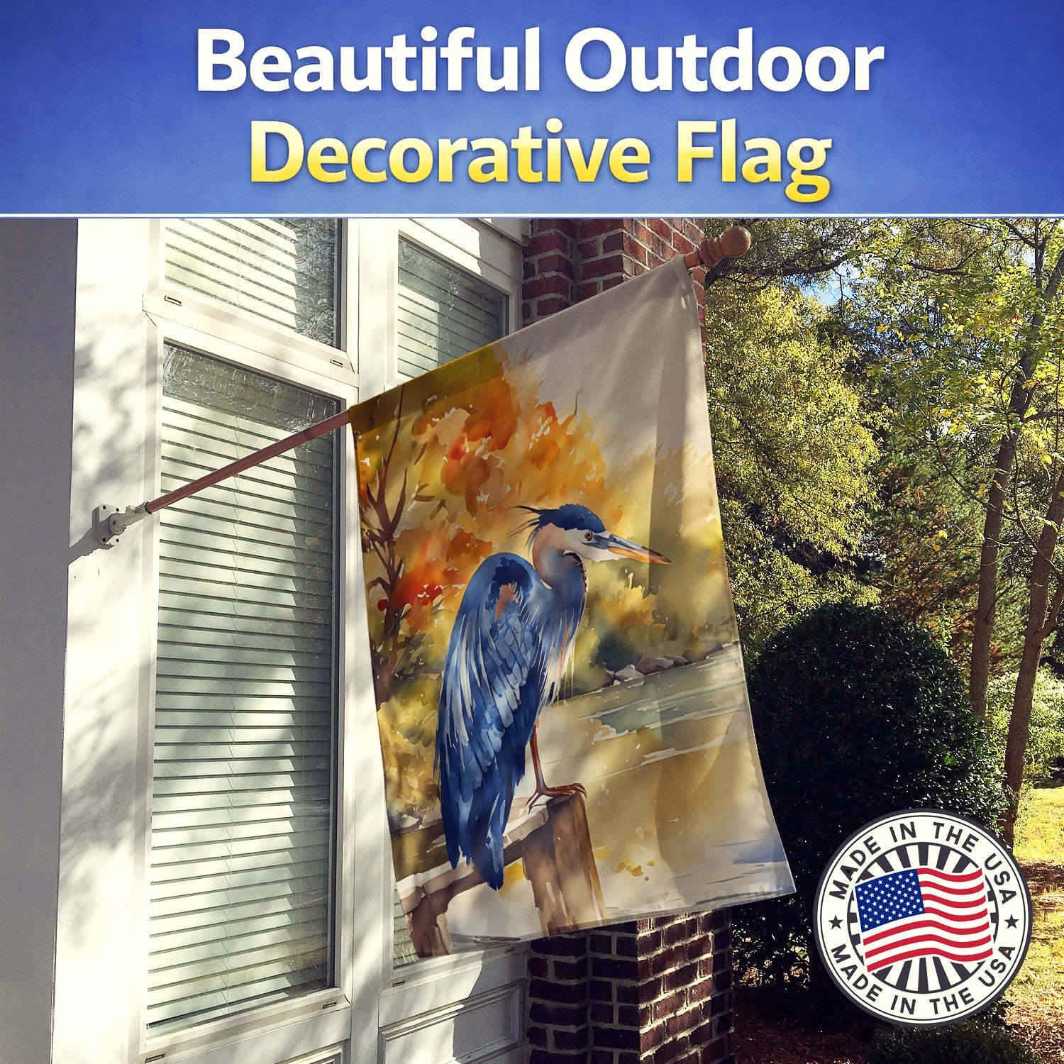 Blue Heron House Flag 28x40 Porch Sleeve Pole Decorative Outside Yard Banner Artwork Wall Hanging, Polyester