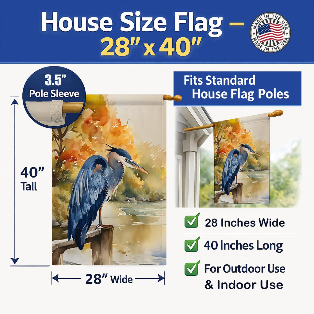 Blue Heron House Flag 28x40 Porch Sleeve Pole Decorative Outside Yard Banner Artwork Wall Hanging, Polyester