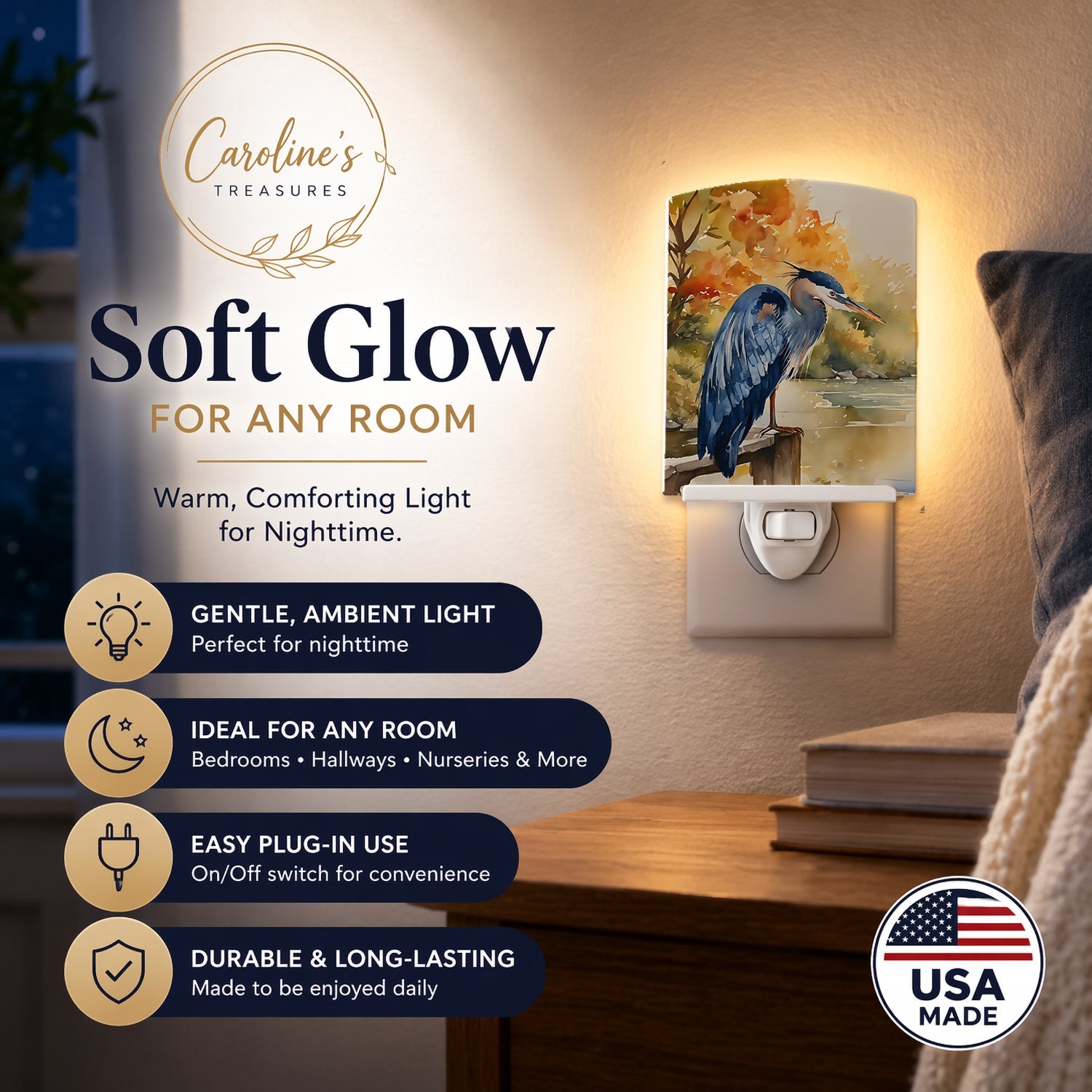 Blue Heron Ceramic Night Light Compact, UL-Certified, Ideal for Bedroom, Bathroom, Nursery, Hallway, Kitchen, 6x4x3, Multicolor