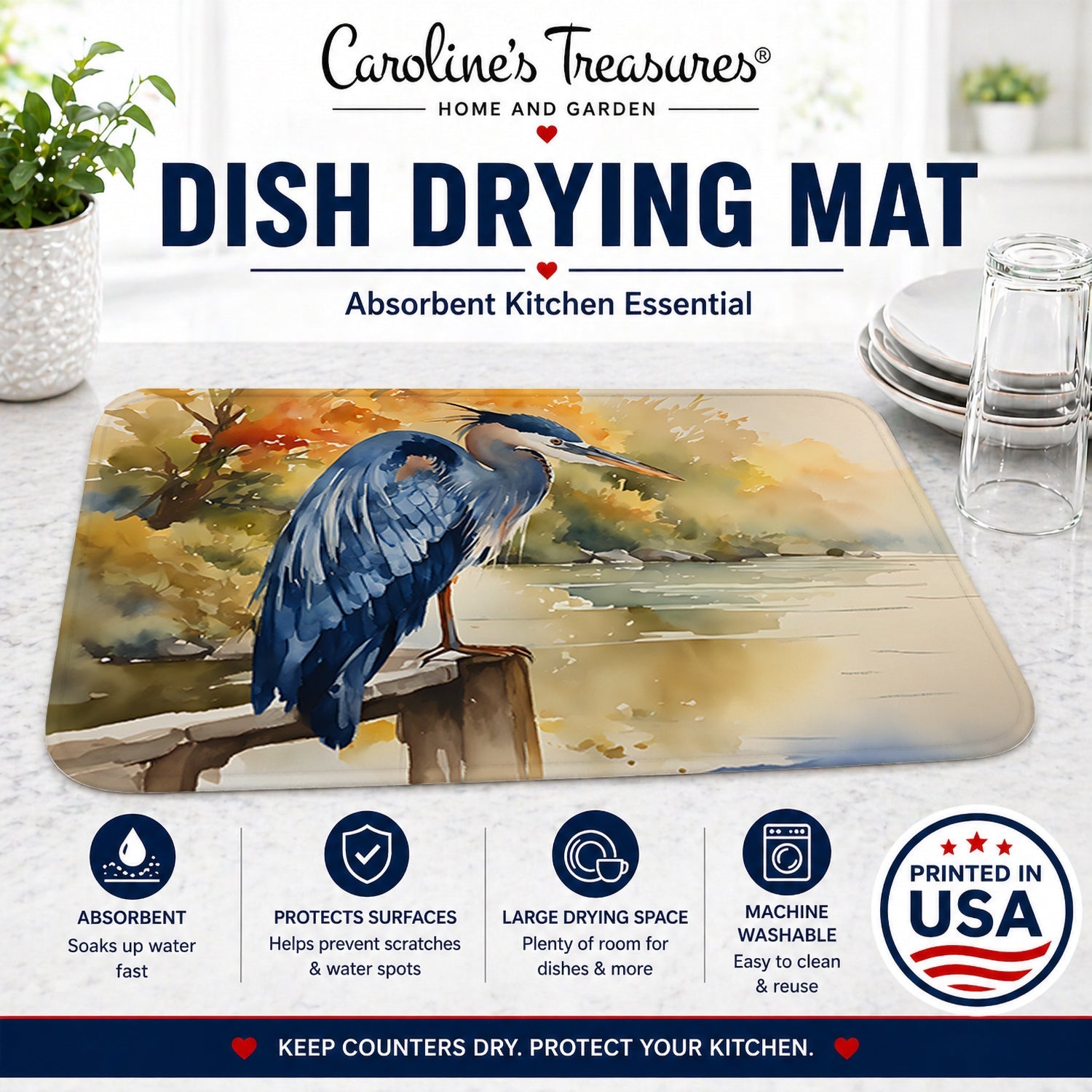 Blue Heron Dish Drying Mat Absorbent Dish Drying Mat Pad for Kitchen Counter Dish Drainer Mat for Countertop, 14 x 21", Multicolor