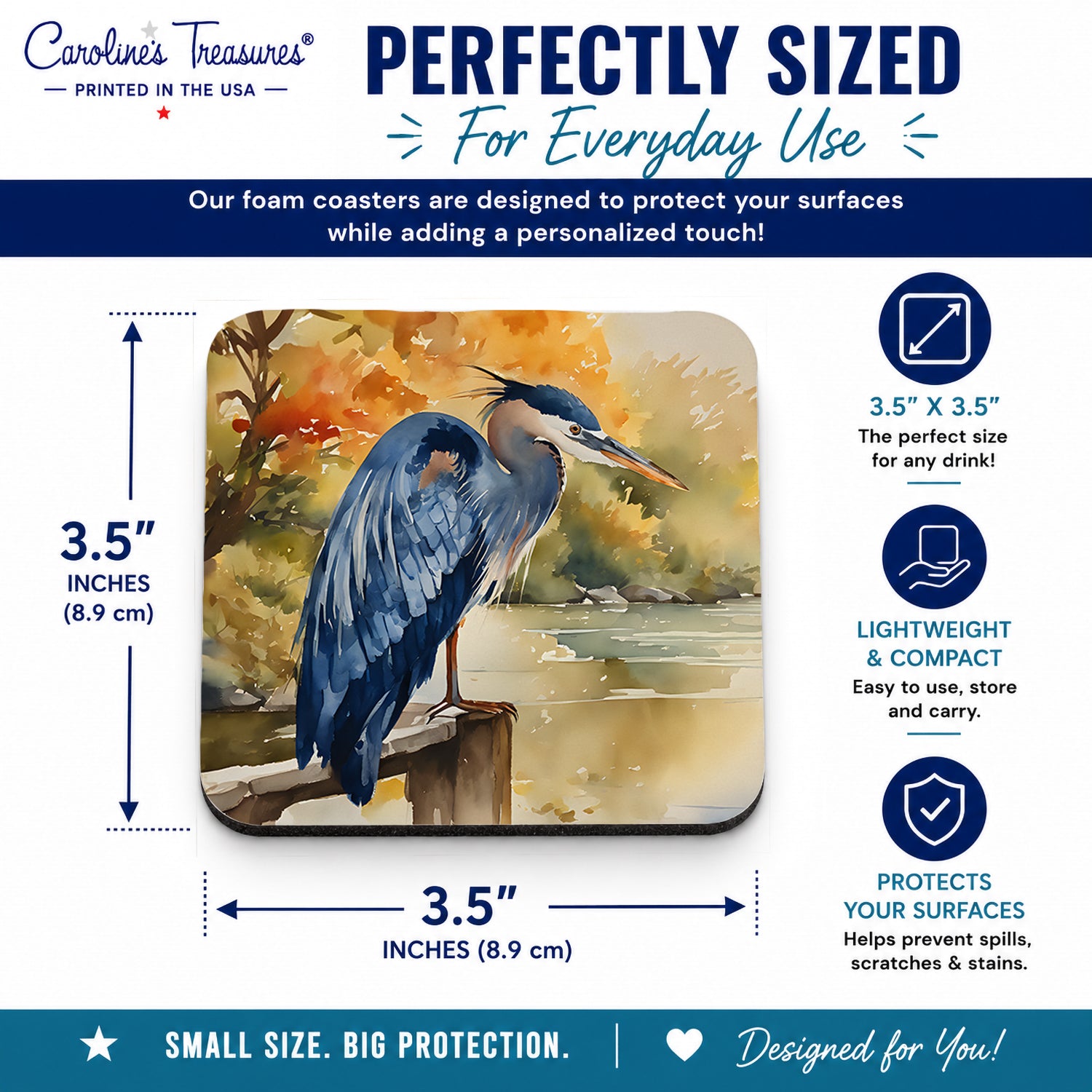 Blue Heron Foam Coasters Set of 4 Cup Coasters for Indoor Outdoor, Tabletop Protection, Anti Slip, Mouse pad Material