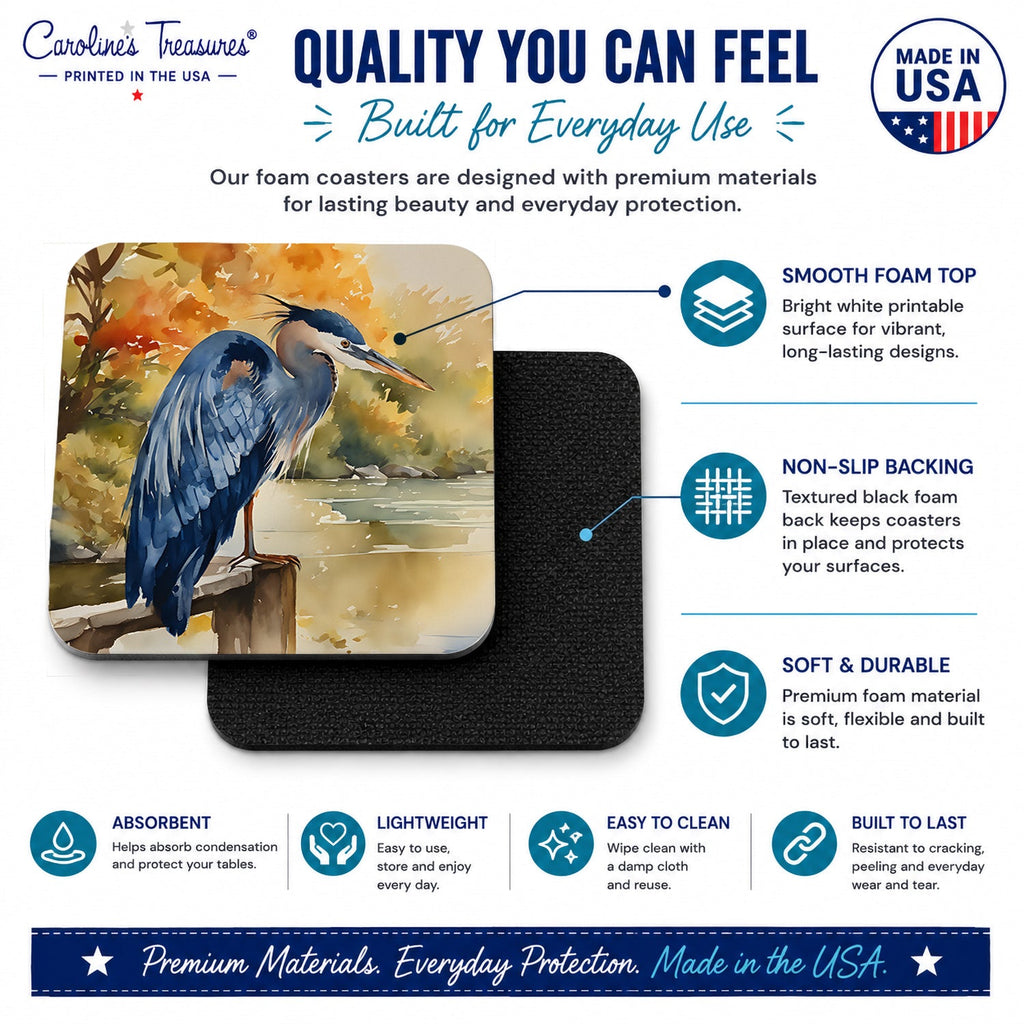 Blue Heron Foam Coasters Set of 4 Cup Coasters for Indoor Outdoor, Tabletop Protection, Anti Slip, Mouse pad Material