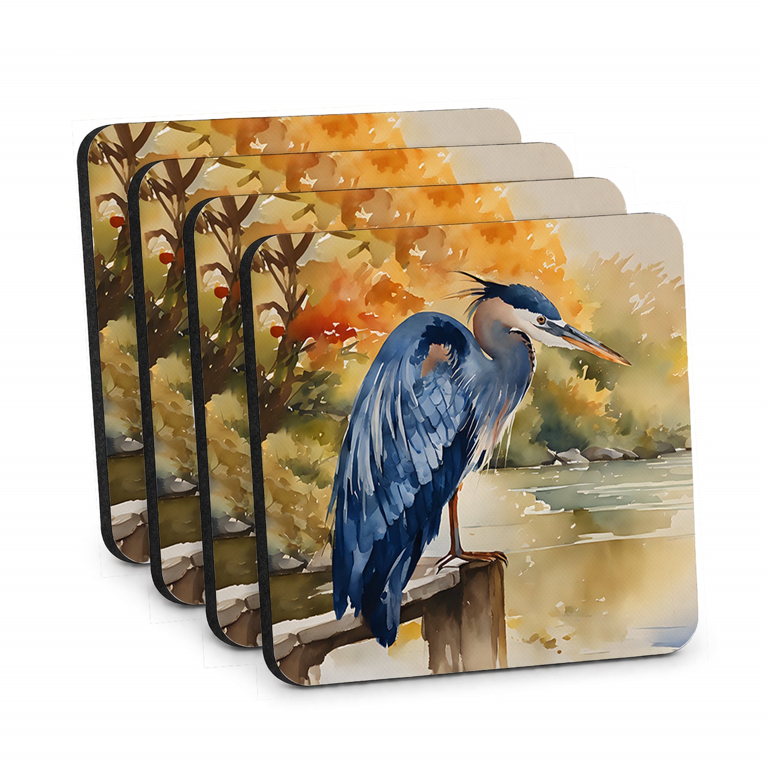 Blue Heron Foam Coasters Set of 4 Cup Coasters for Indoor Outdoor, Tabletop Protection, Anti Slip, Mouse pad Material