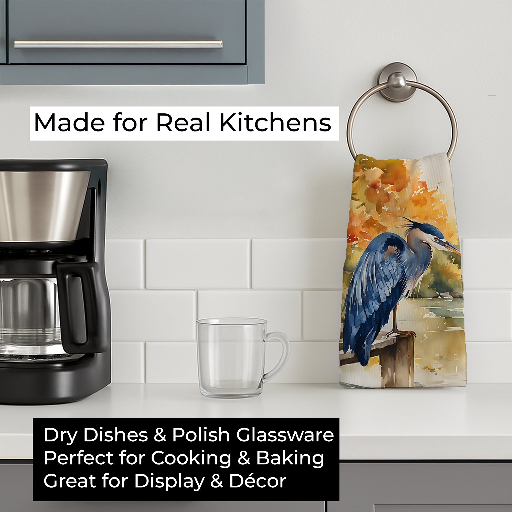 Blue Heron Kitchen Towel Velour Plush Front and Cotton Loop Back Machine Washable