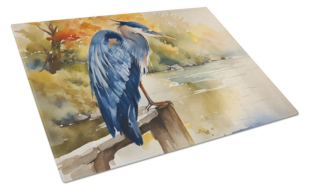 Blue Heron Cutting Board Tempered Glass Kitchen Cutting Surface, Heat Resistant Chopping, Non-Slip Feet, Food Prep & Serving