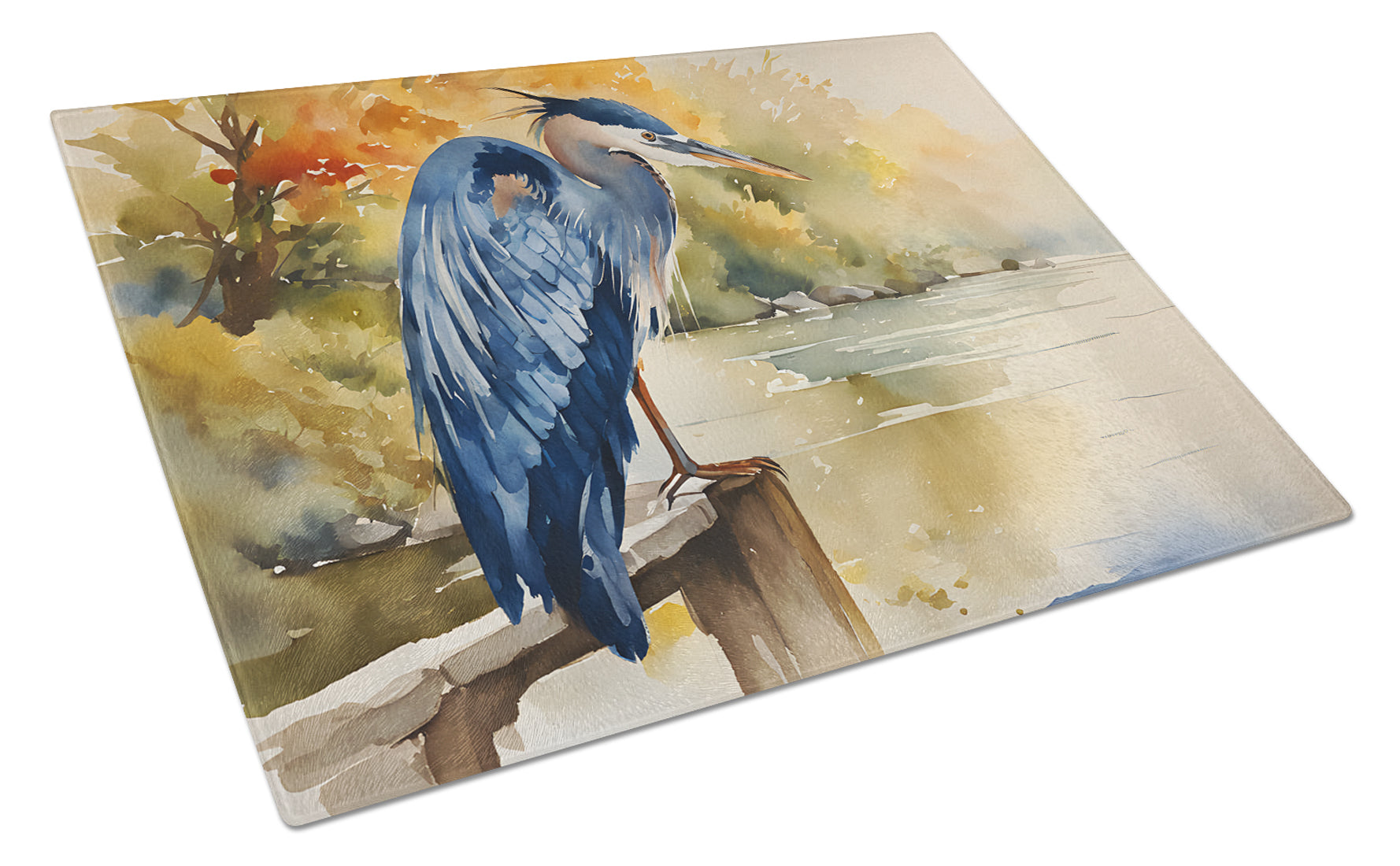 Blue Heron Cutting Board Tempered Glass Kitchen Cutting Surface, Heat Resistant Chopping, Non-Slip Feet, Food Prep & Serving