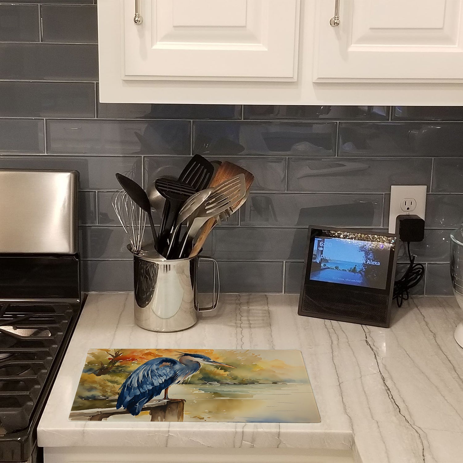 Blue Heron Cutting Board Tempered Glass Kitchen Cutting Surface, Heat Resistant Chopping, Non-Slip Feet, Food Prep & Serving