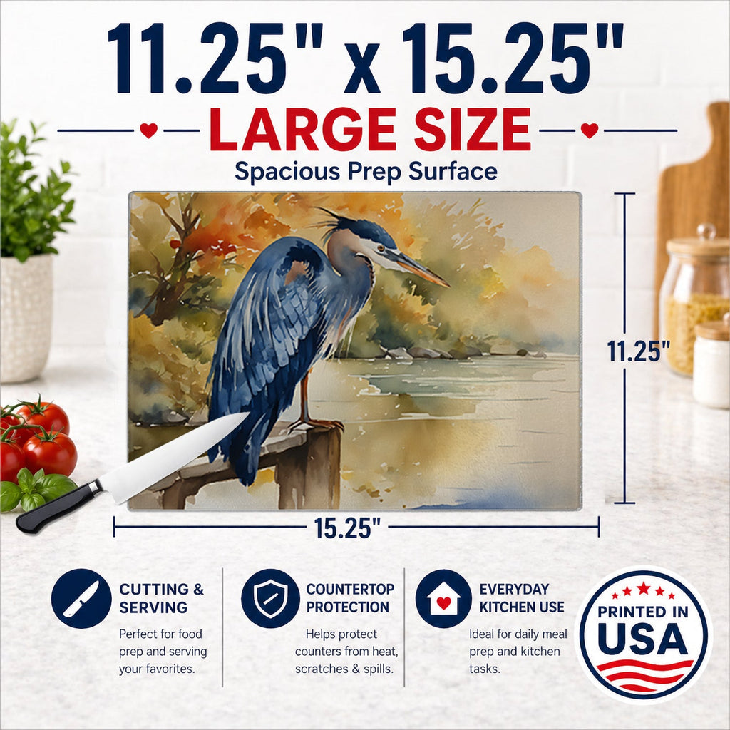 Blue Heron Cutting Board Tempered Glass Kitchen Cutting Surface, Heat Resistant Chopping, Non-Slip Feet, Food Prep & Serving
