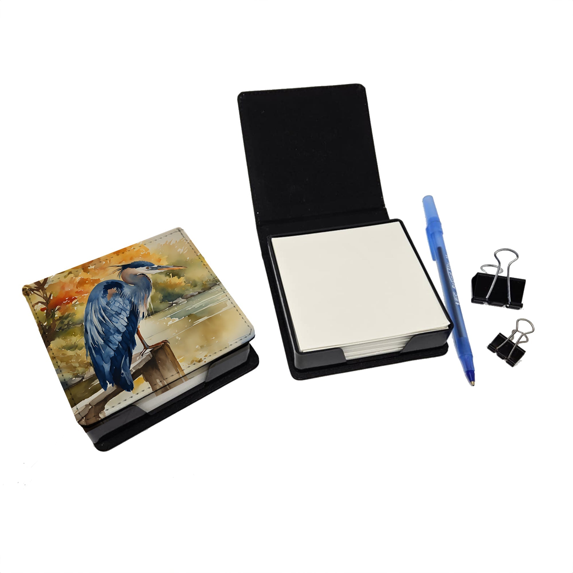 Blue Heron PU Leather Note Paper Holder with Artist-Designed Cover, Desk Accessory, Office Gift