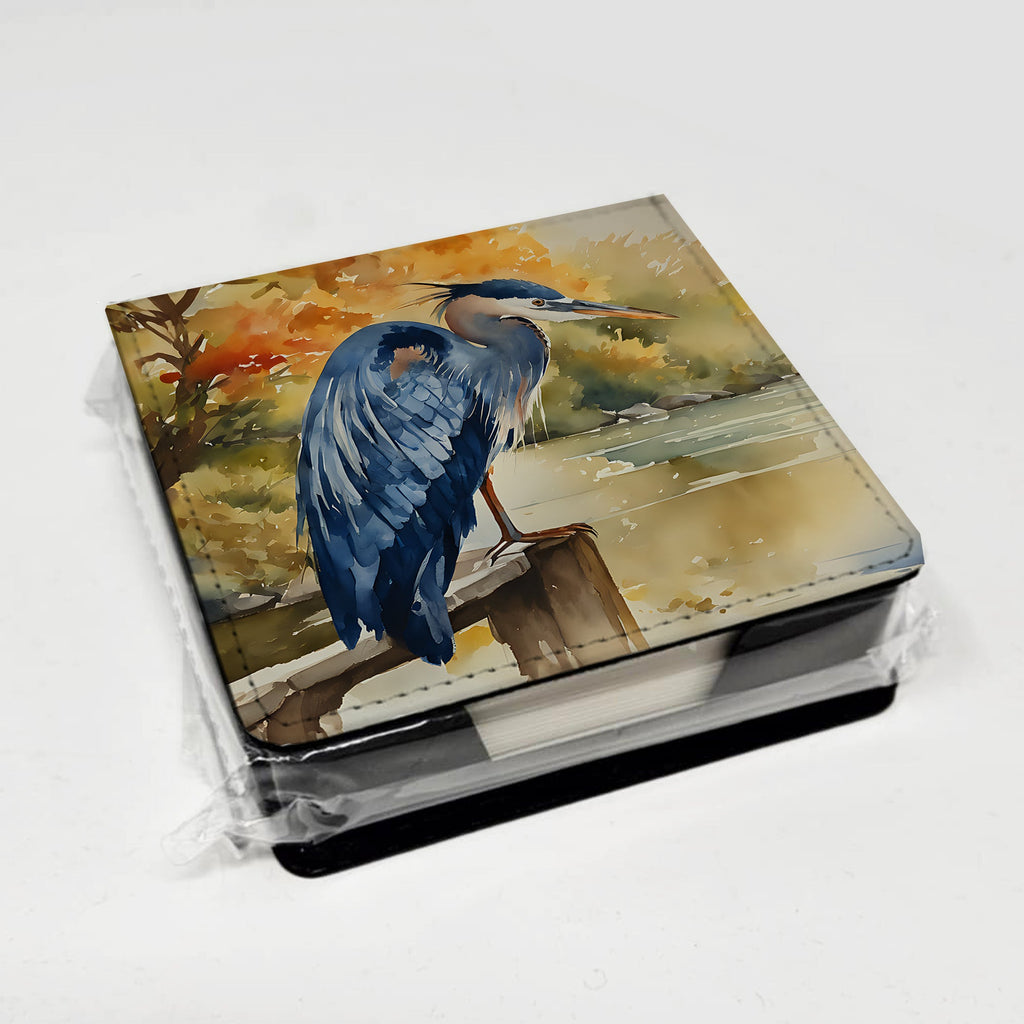 Blue Heron PU Leather Note Paper Holder with Artist-Designed Cover, Desk Accessory, Office Gift