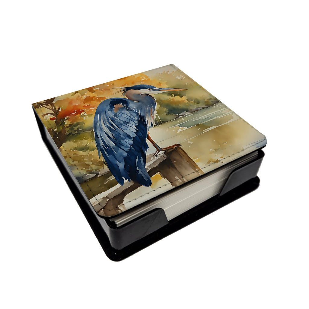 Blue Heron PU Leather Note Paper Holder with Artist-Designed Cover, Desk Accessory, Office Gift