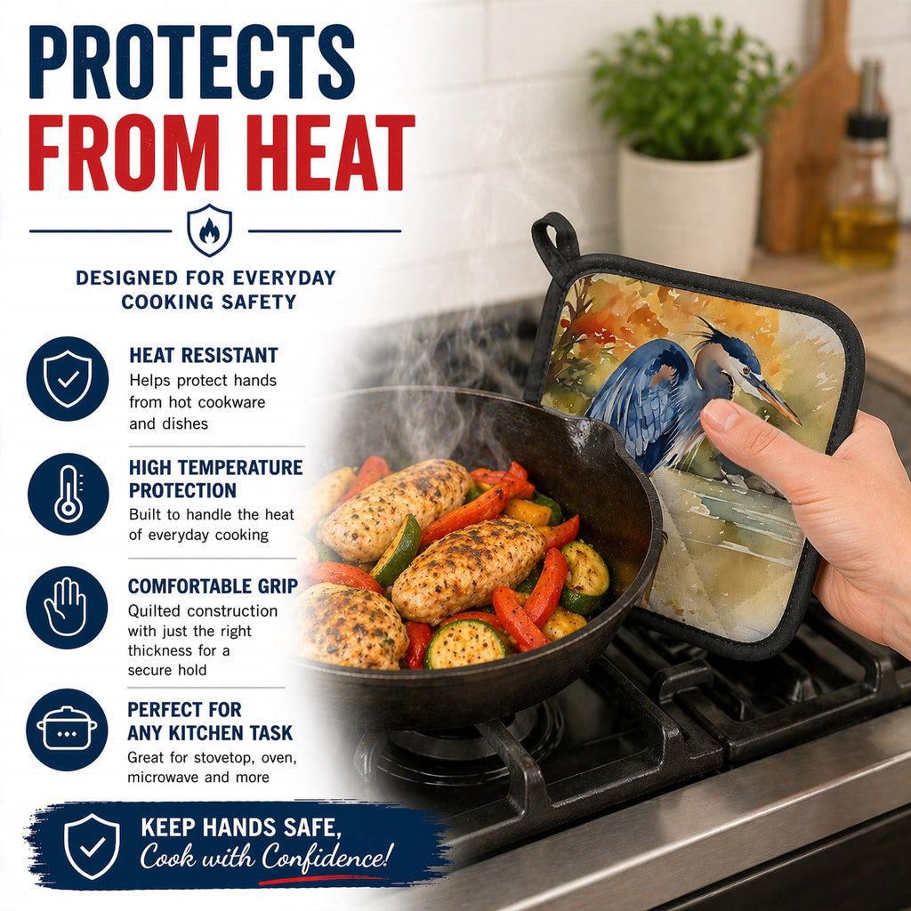 Blue Heron Pot Holder Set of 2 Heat Resistant Quilted Hot Pads 7.5 x 7.5 Inch, Insulated Kitchen Trivets for Cooking & Baking